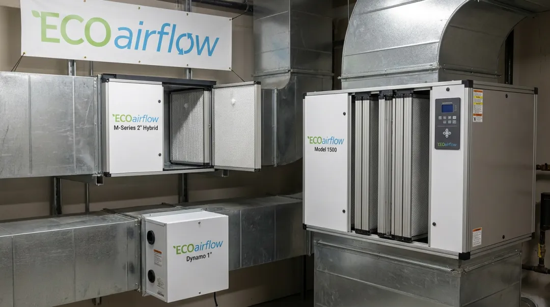 ECOairflow whole-home air purifier product lineup showing Model 1500 M-Series and Dynamo units