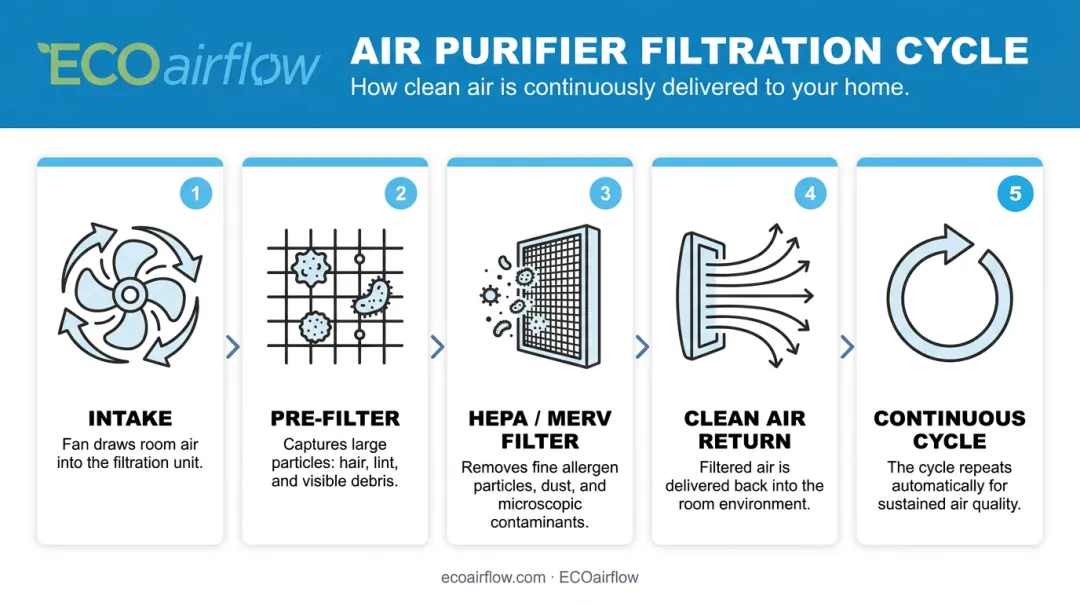 5-step air purifier filtration cycle process flow diagram for allergen capture