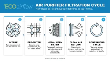 5-step air purifier filtration cycle process flow diagram for allergen capture