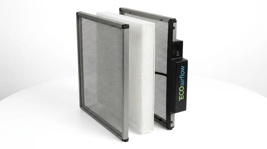 ECOairflow electronic polarized media air cleaner residential unit installed in HVAC ductwork