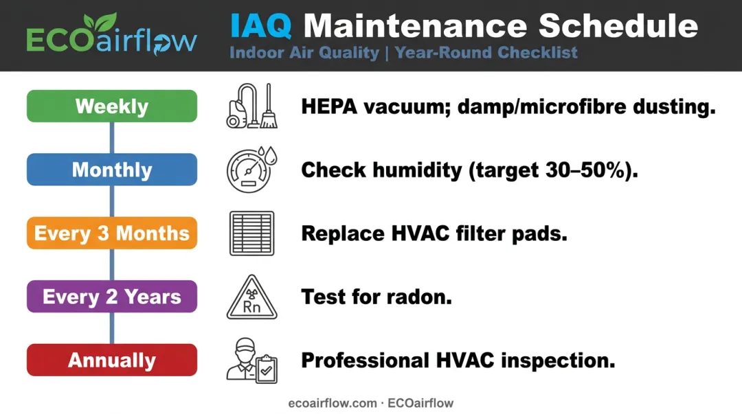 Home indoor air quality maintenance schedule weekly monthly annual task checklist