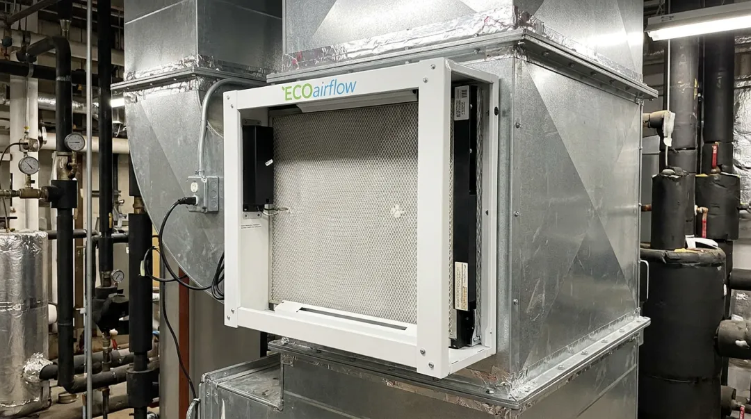 ECOairflow electronic polarization filter installed in commercial HVAC air handler unit