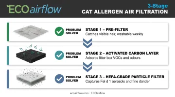 Three-stage air purifier filtration hierarchy for cat allergy households diagram