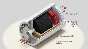 H13 HEPA air purifier unit displaying air quality sensor and filter stages