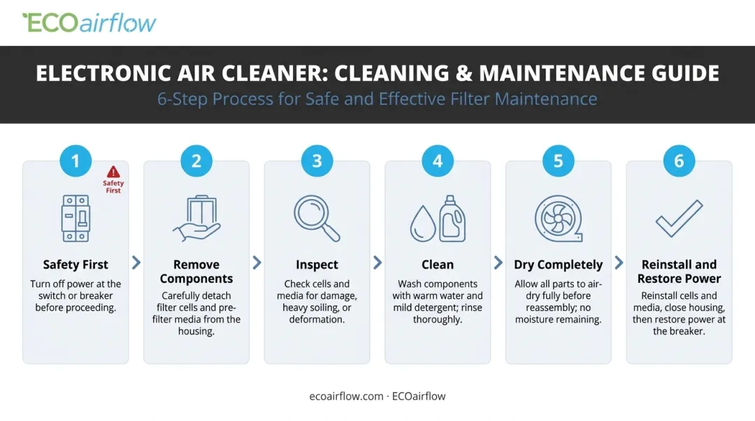 6-step electronic air cleaner cleaning process flow from safety to reinstallation