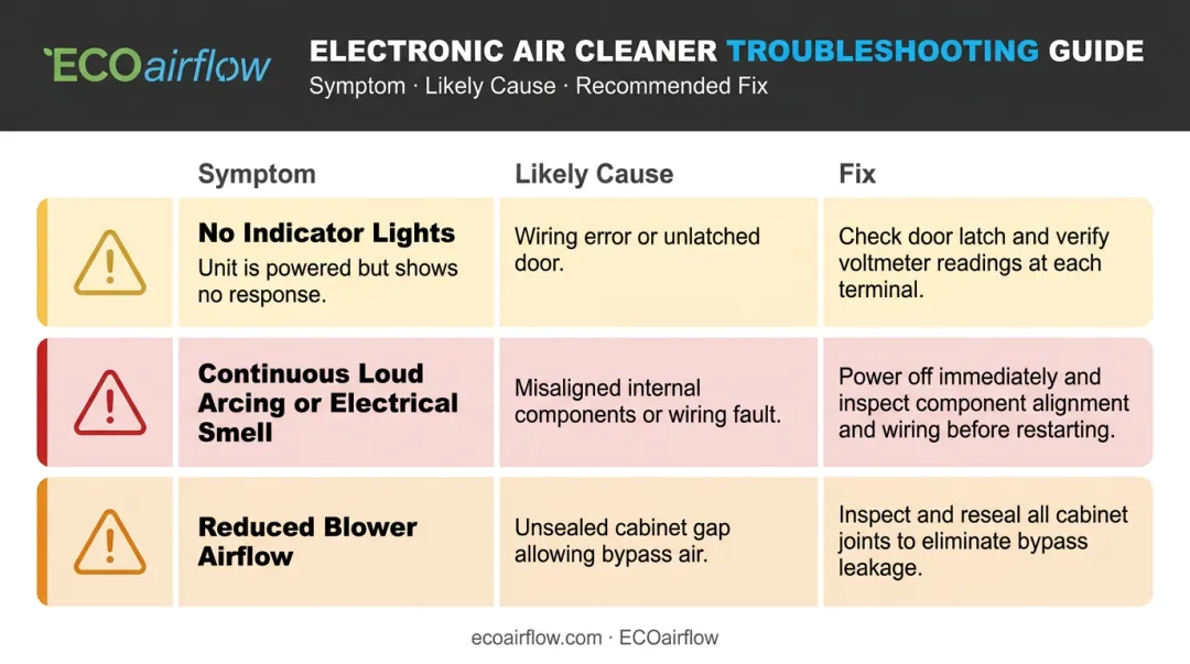 Electronic air cleaner startup troubleshooting guide showing three common failure symptoms and fixes