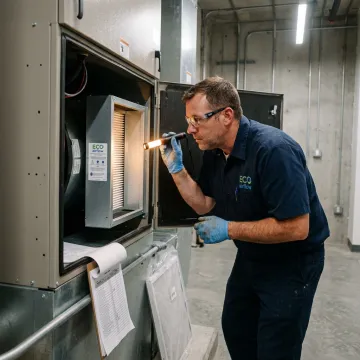 Technician inspecting high-efficiency HVAC filtration system