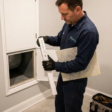 Electronic air filter and replacement pad beside HVAC cabinet