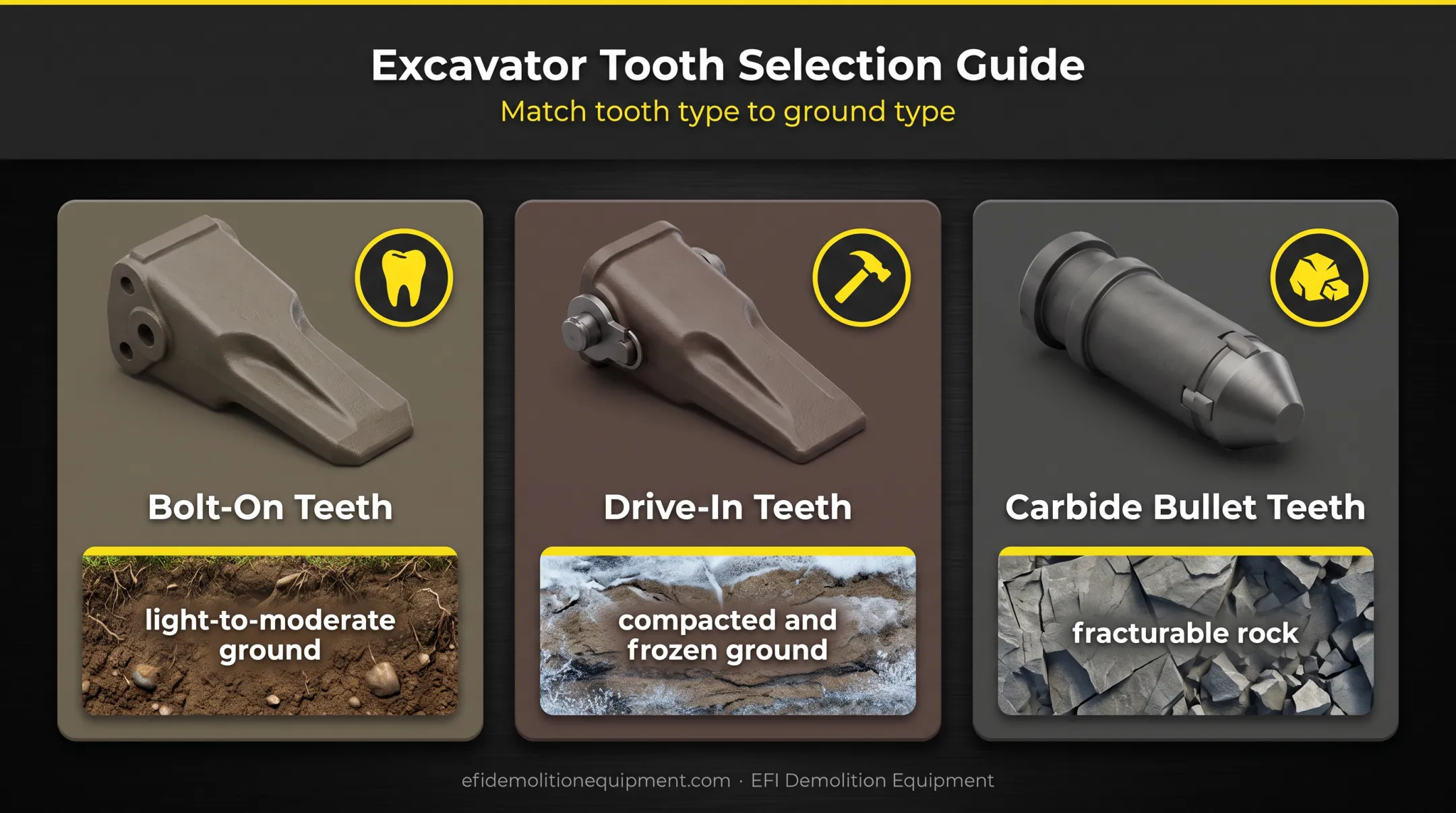 Three auger tooth types matched to ground conditions