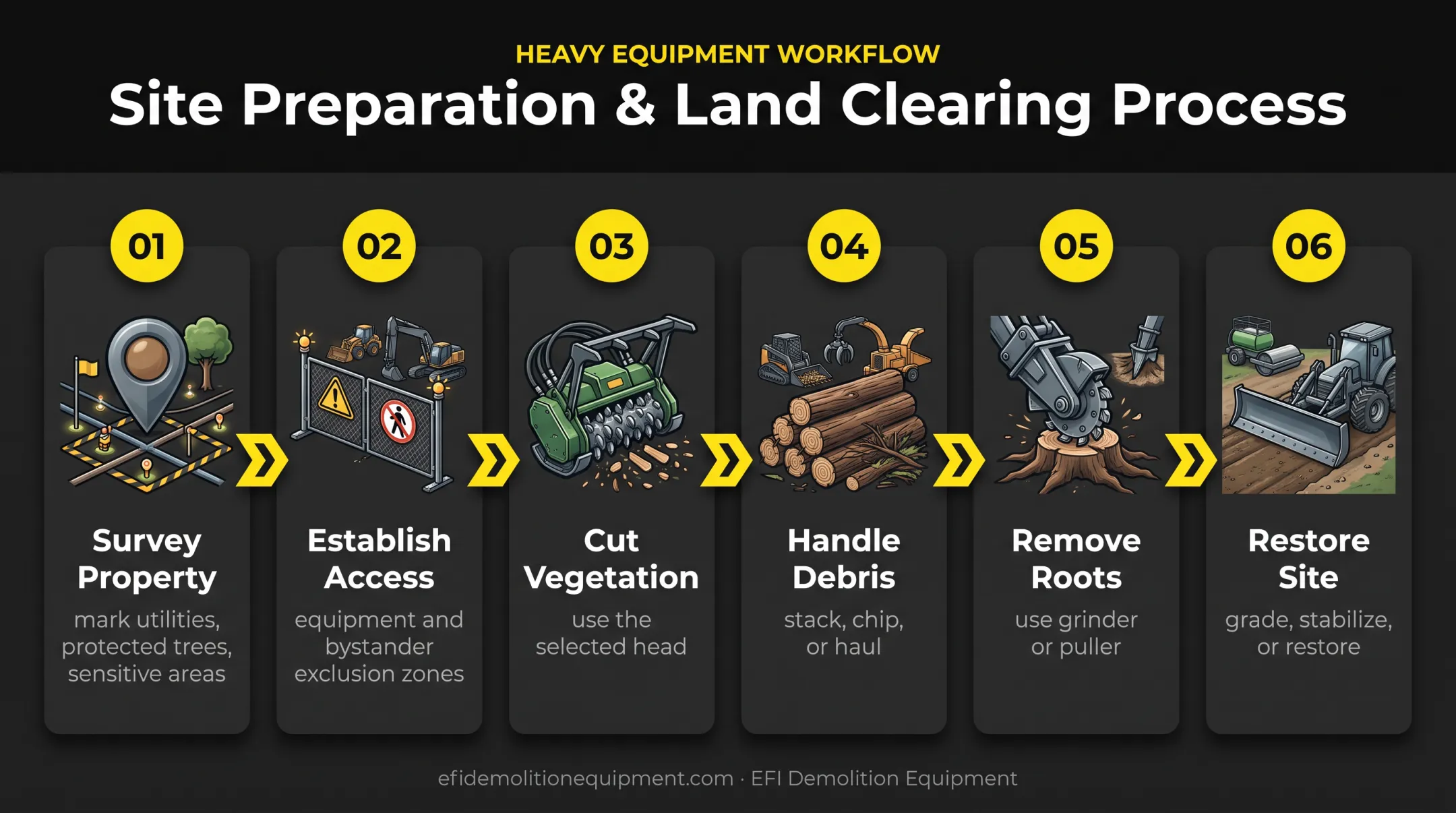Six-step forestry land clearing sequence from survey to site restoration