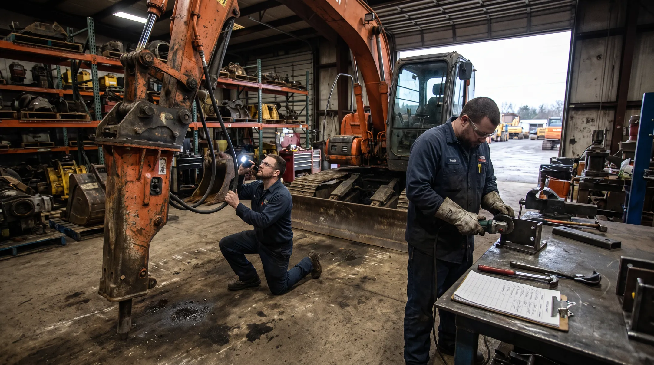 EFI technicians conducting 12-point inspection on used demolition equipment