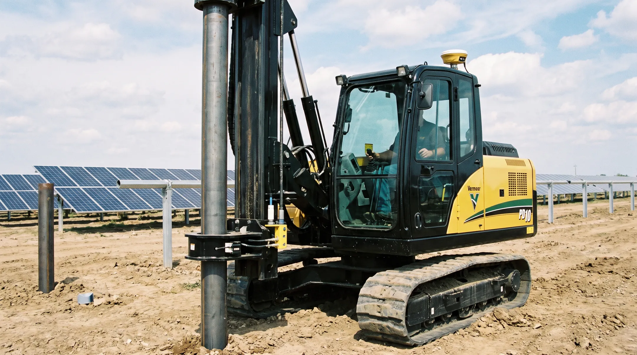 Company solar pile driver with automated placement and leveling features