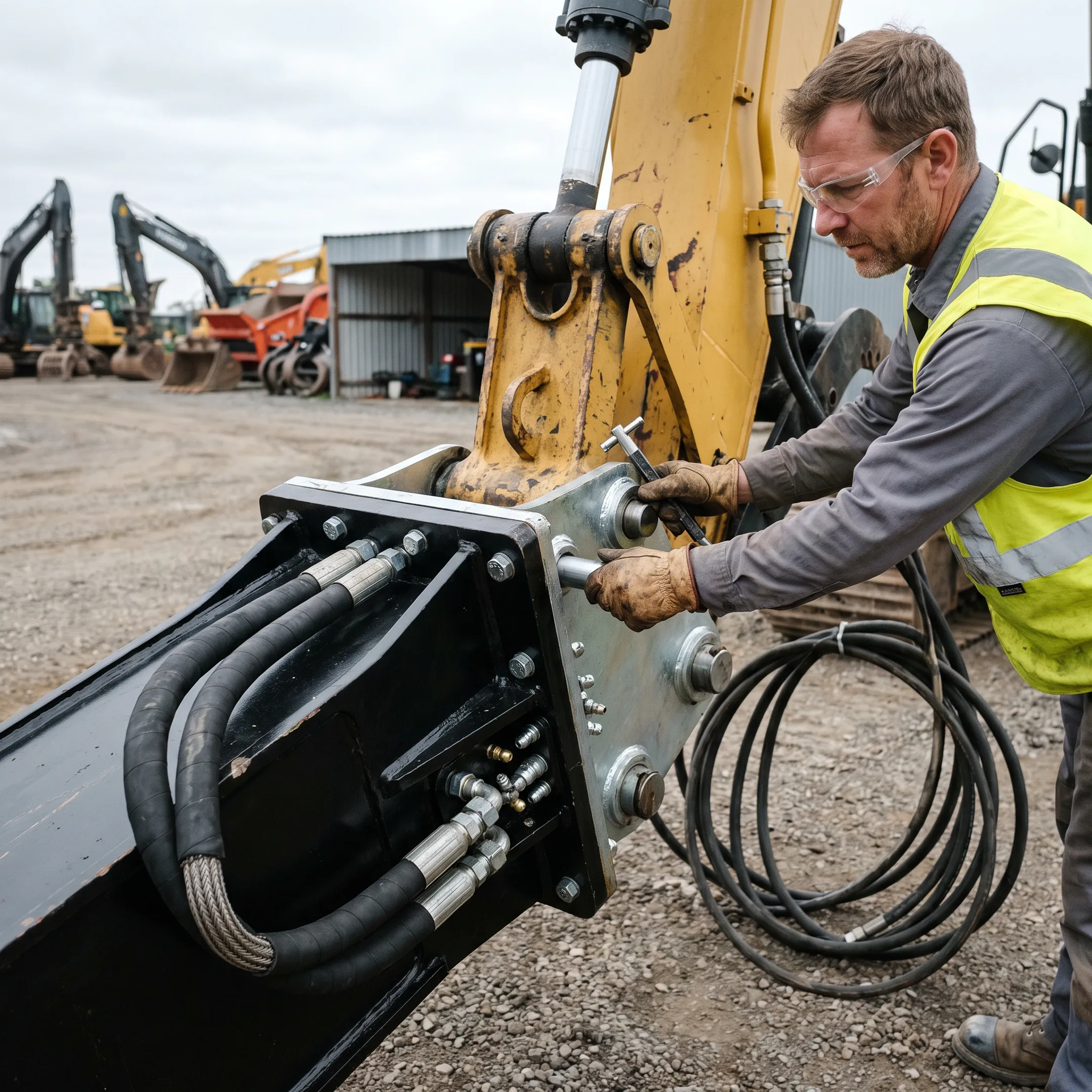 Heavy equipment specialist inspecting a hydraulic demolition attachment