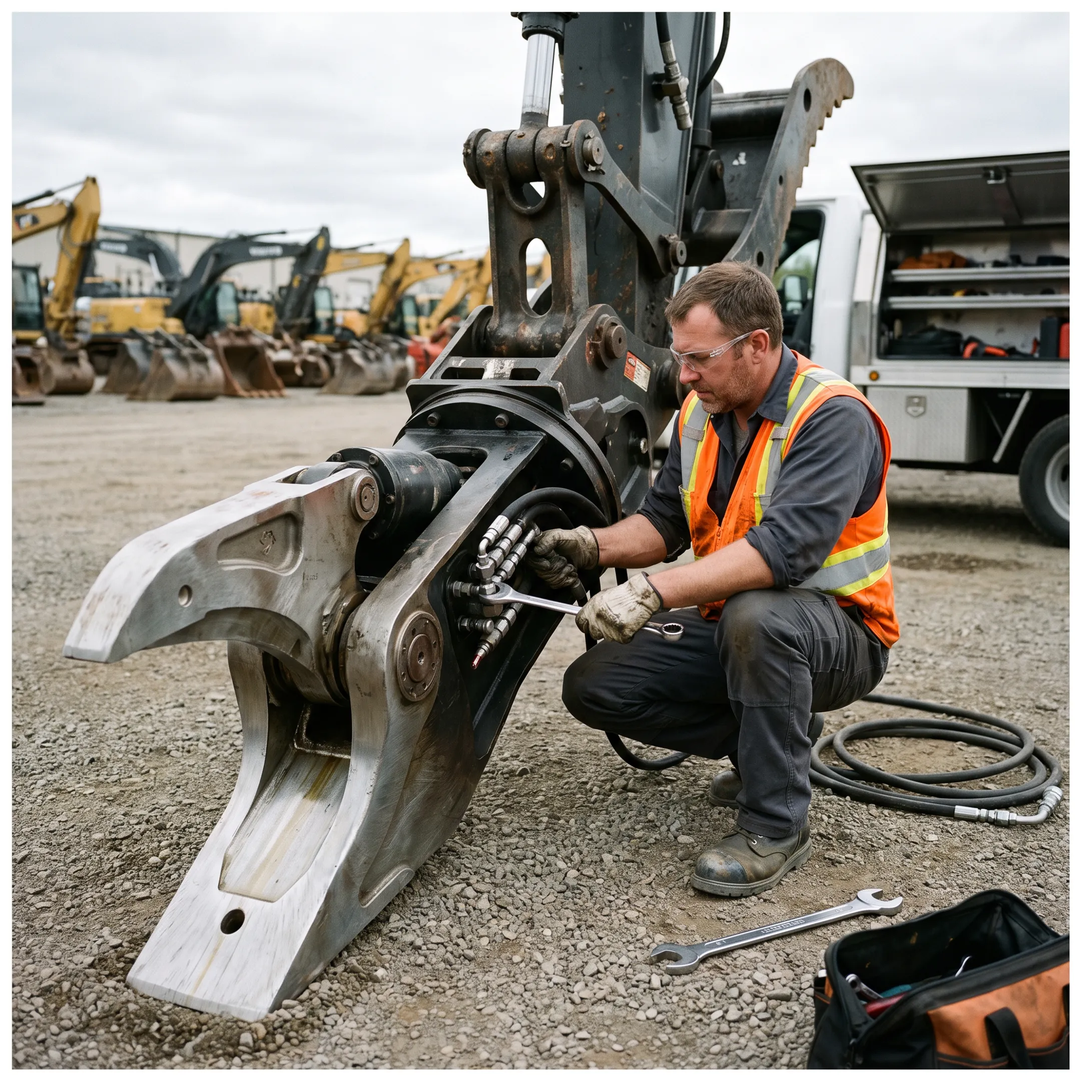 Technician servicing a heavy demolition attachment beside an excavator