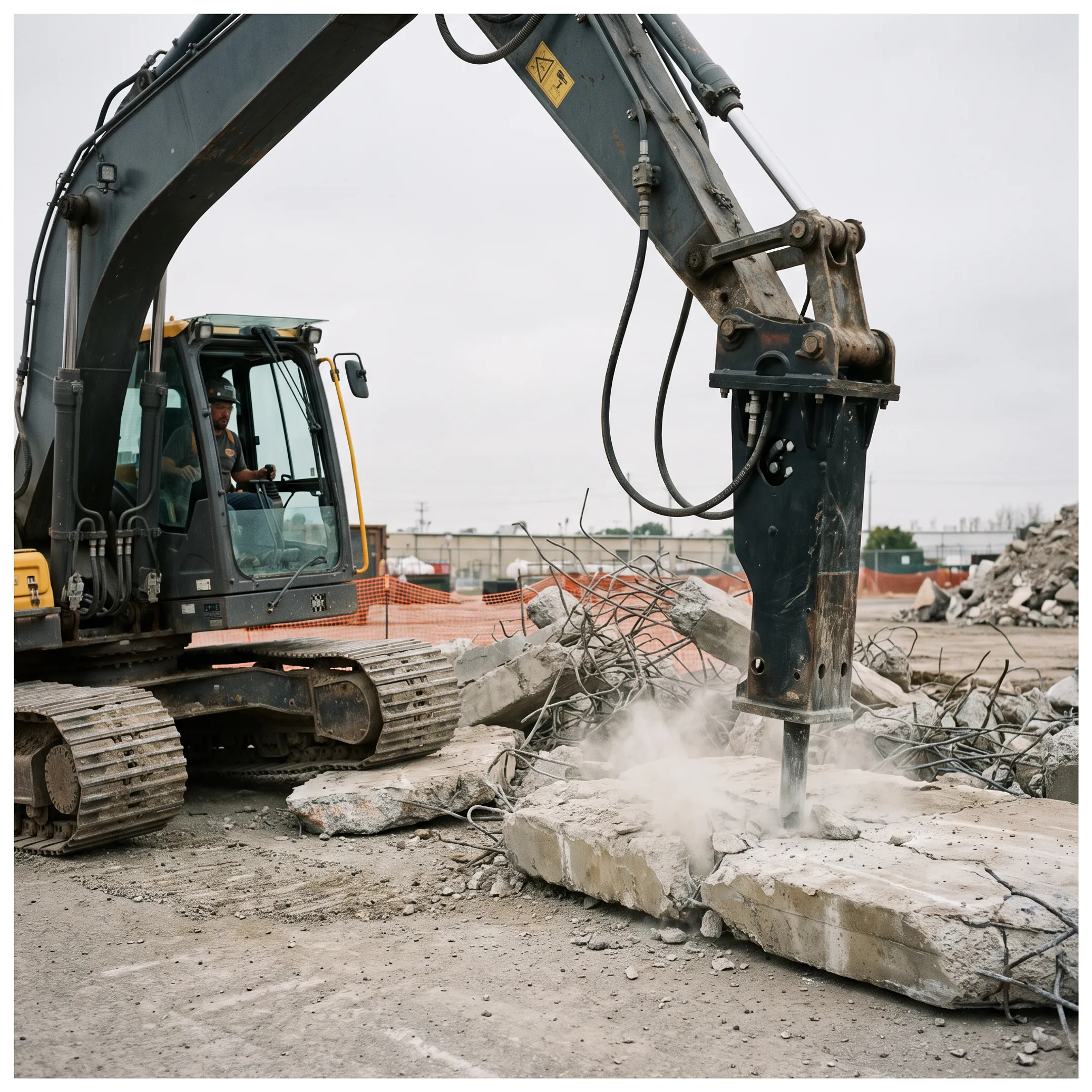 Hydraulic hammer attachment mounted on an excavator at a concrete demolition site