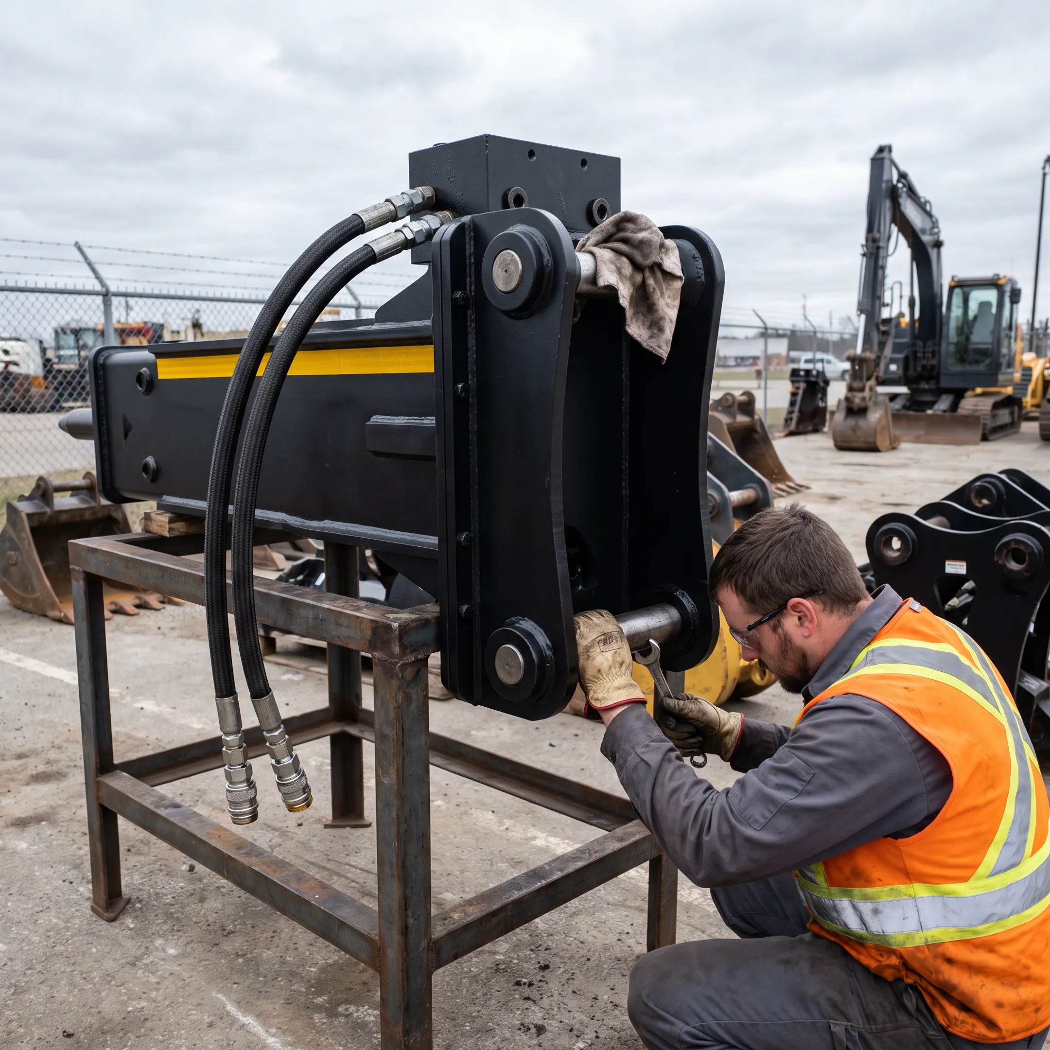 Technician checking a hydraulic hammer mounted to an excavator