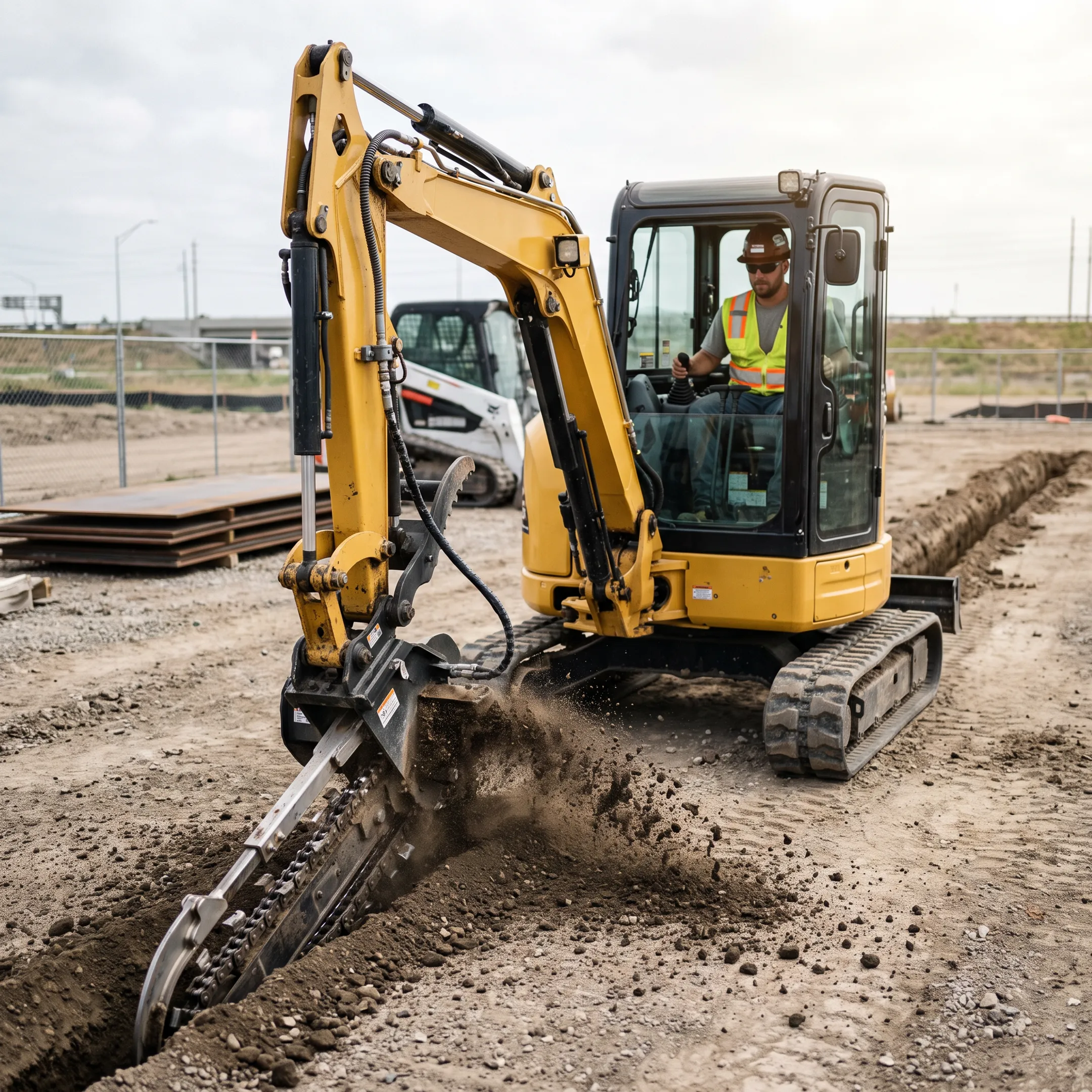 Excavation contractors using a mini excavator trencher