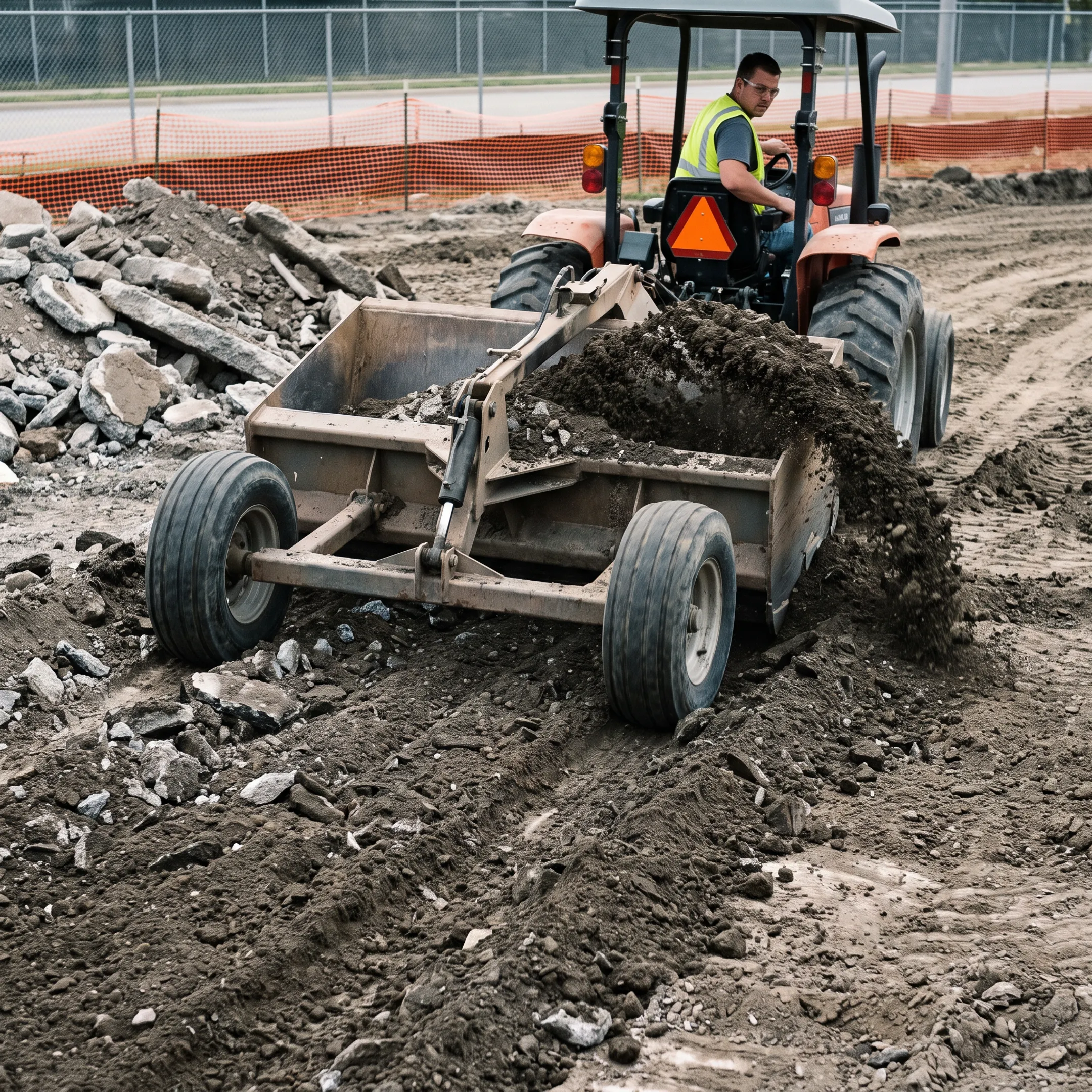 Demolition contractor using a pull-type dirt scraper