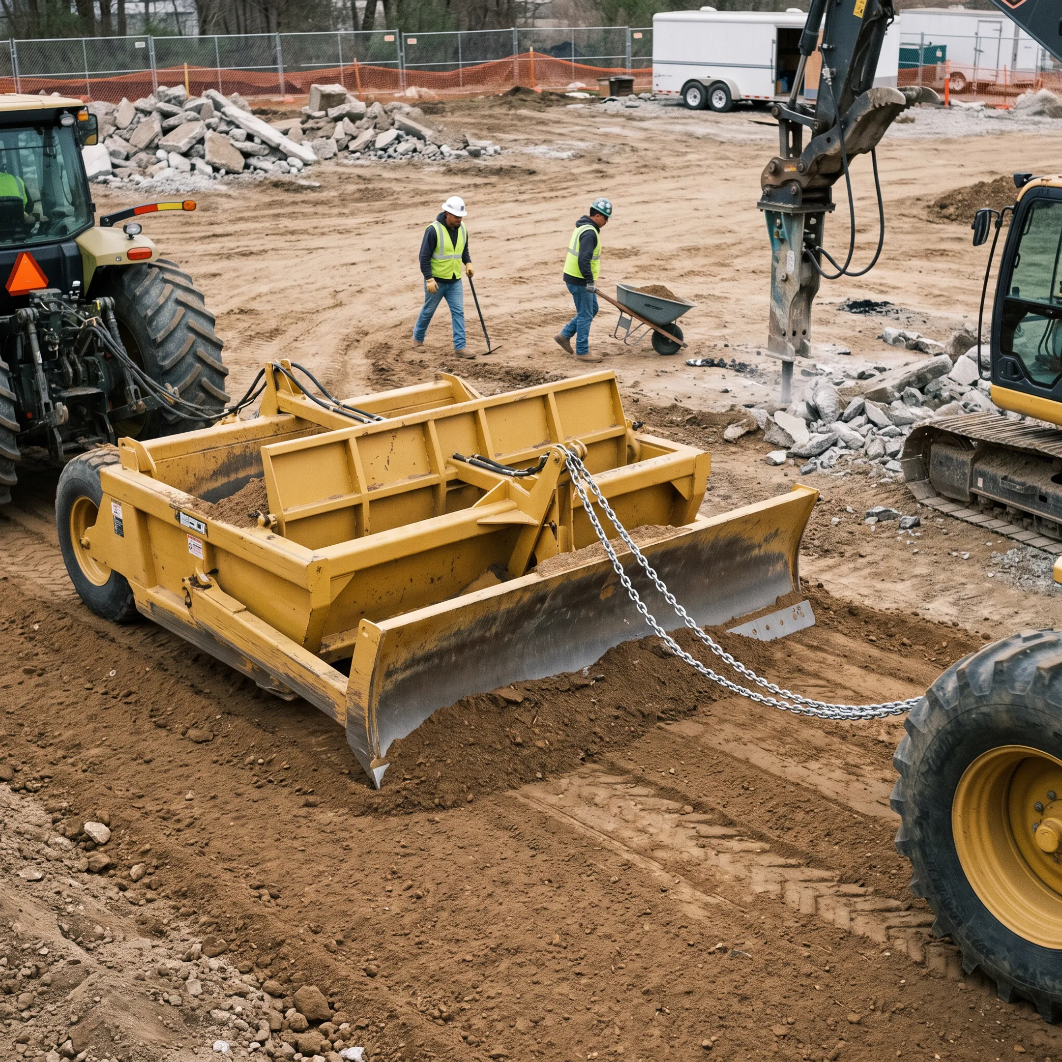 Demolition contractors using a pull-type scraper
