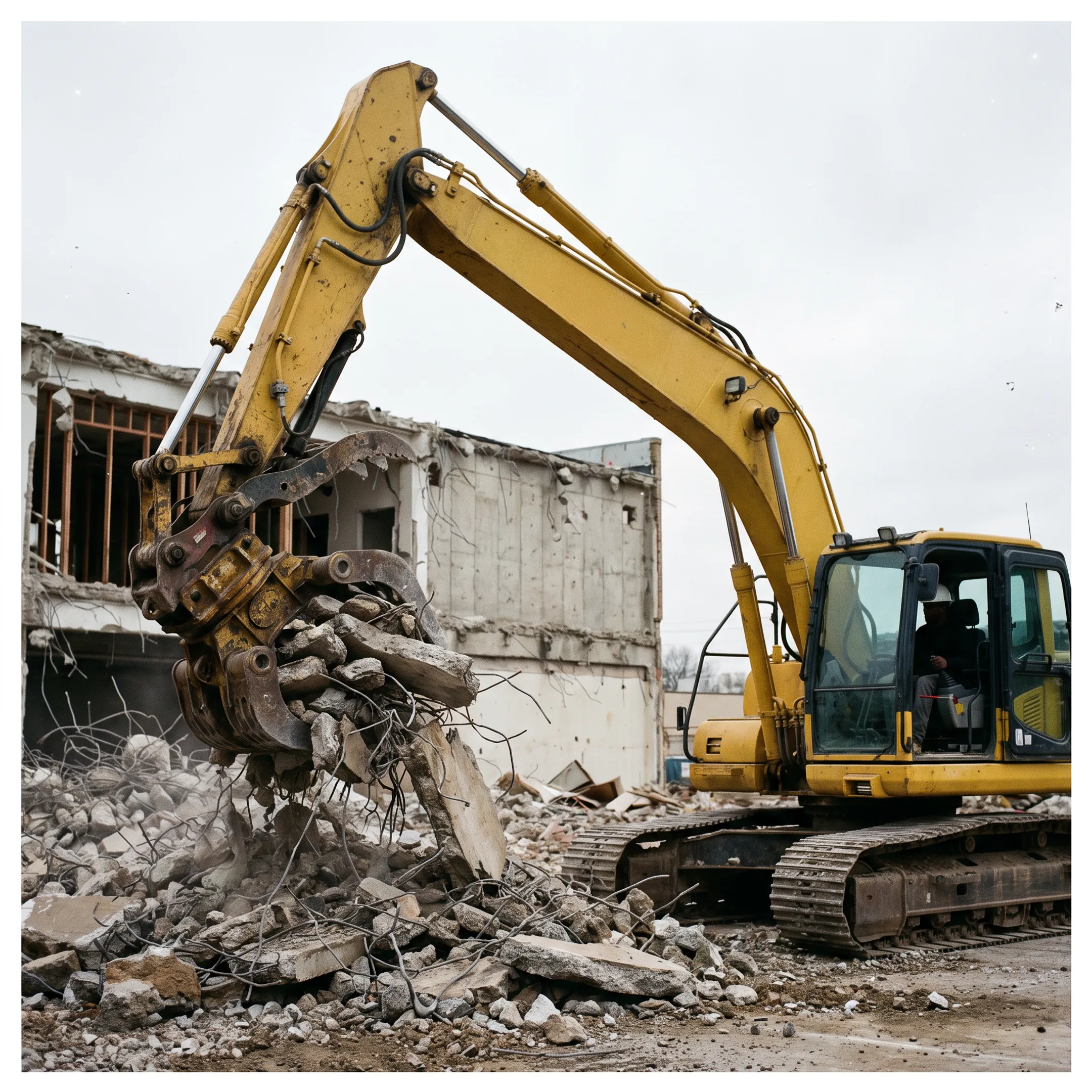 Demolition work with an excavator grapple