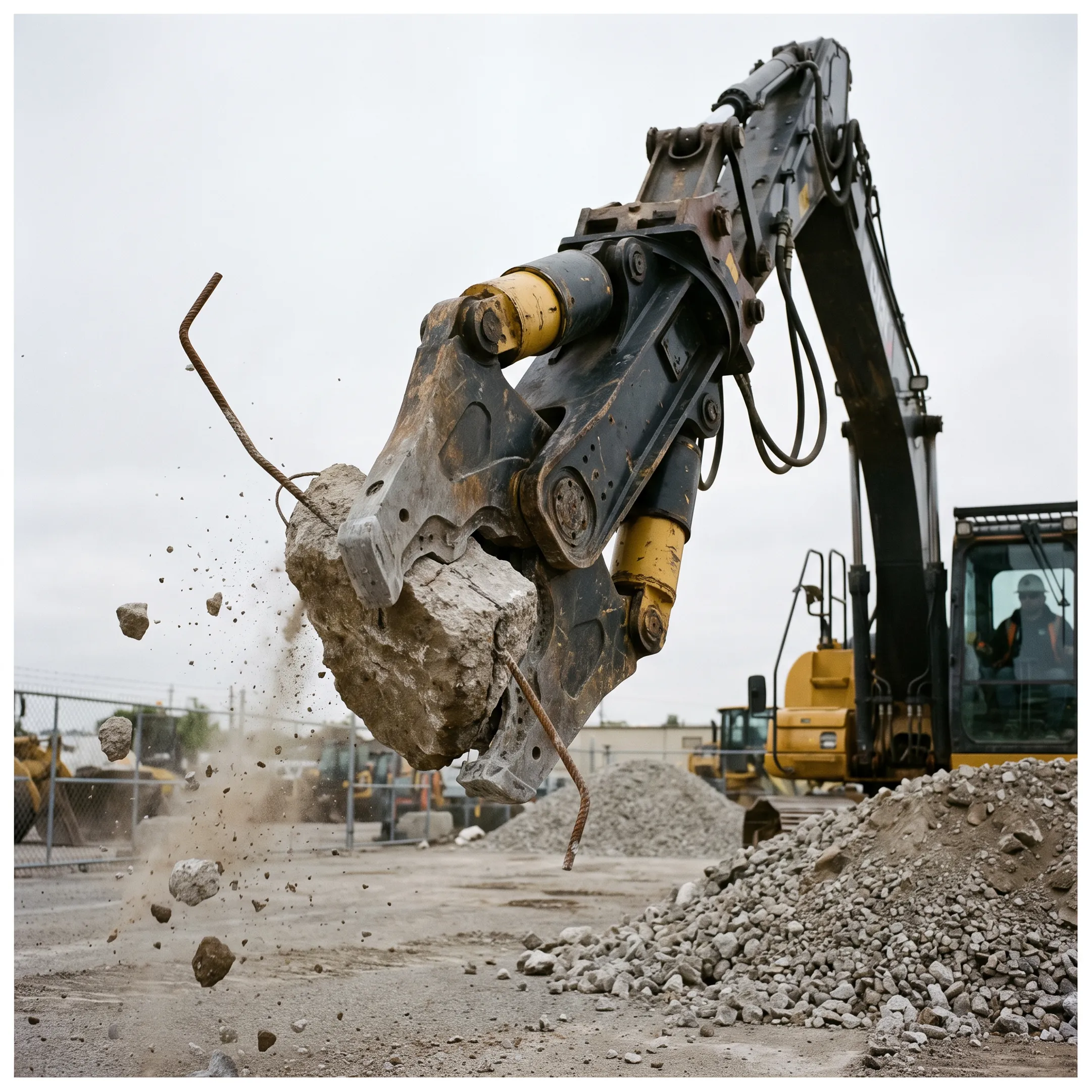 Excavator pulverizer processing concrete
