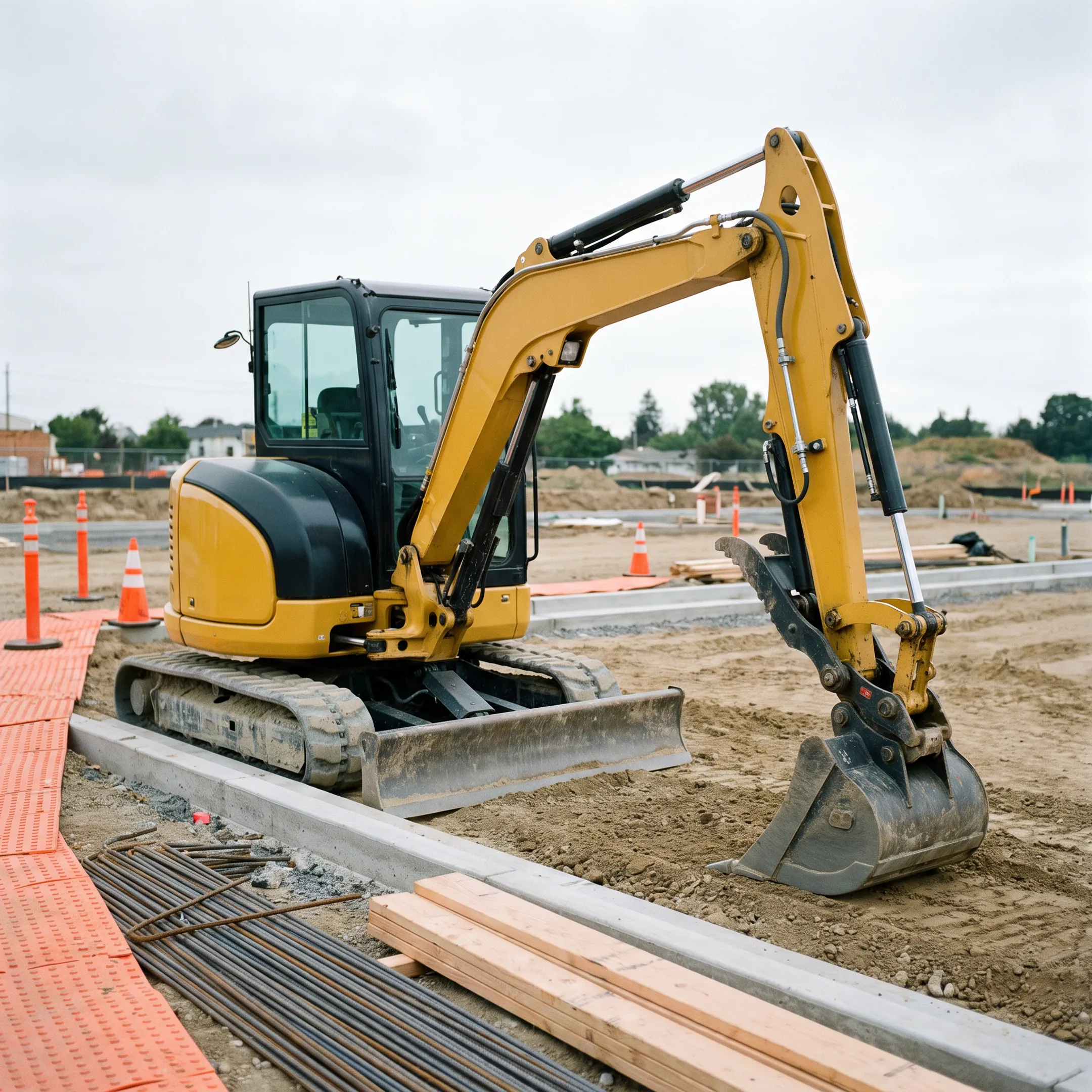 Mini excavator on a construction site