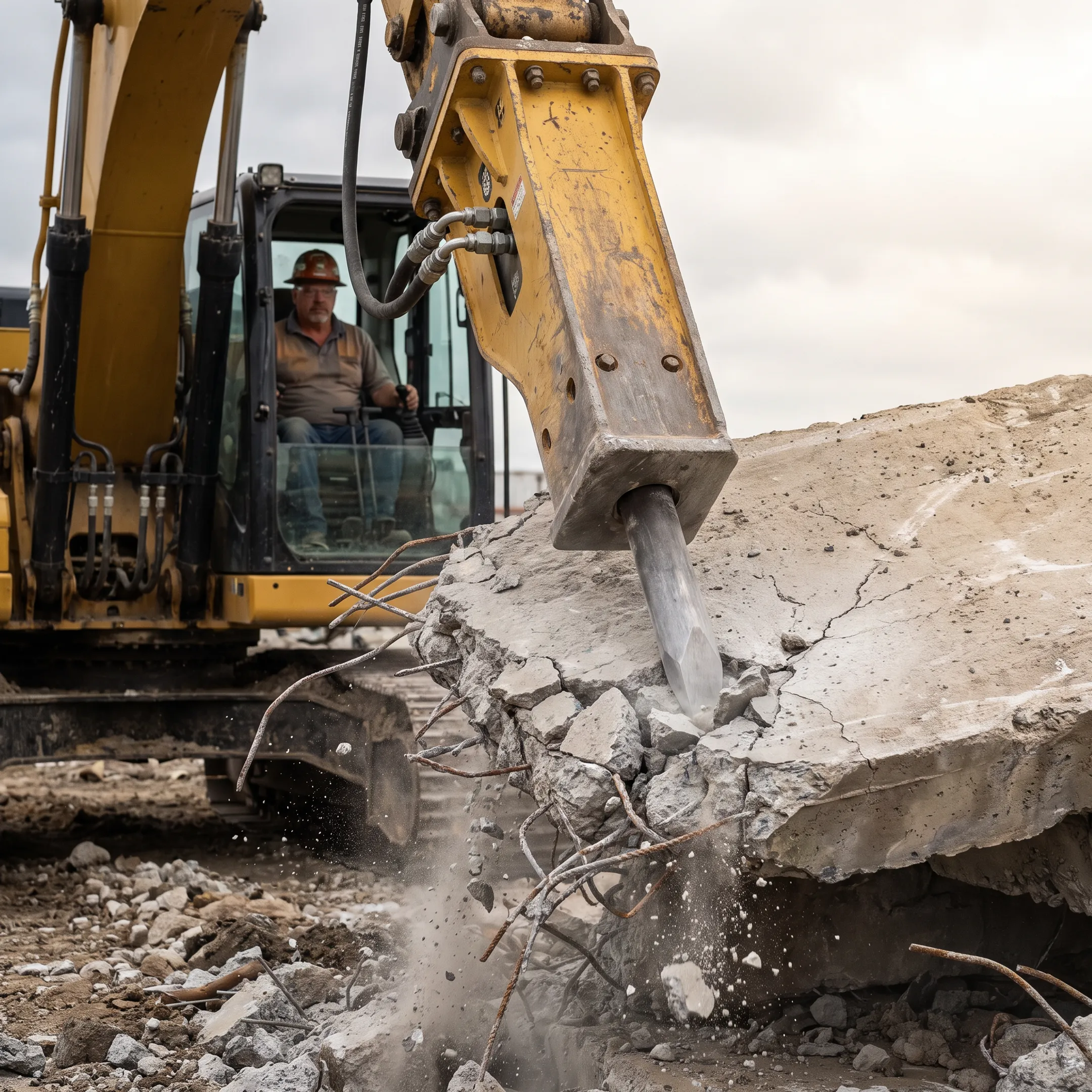Hydraulic hammer breaking concrete at a construction site