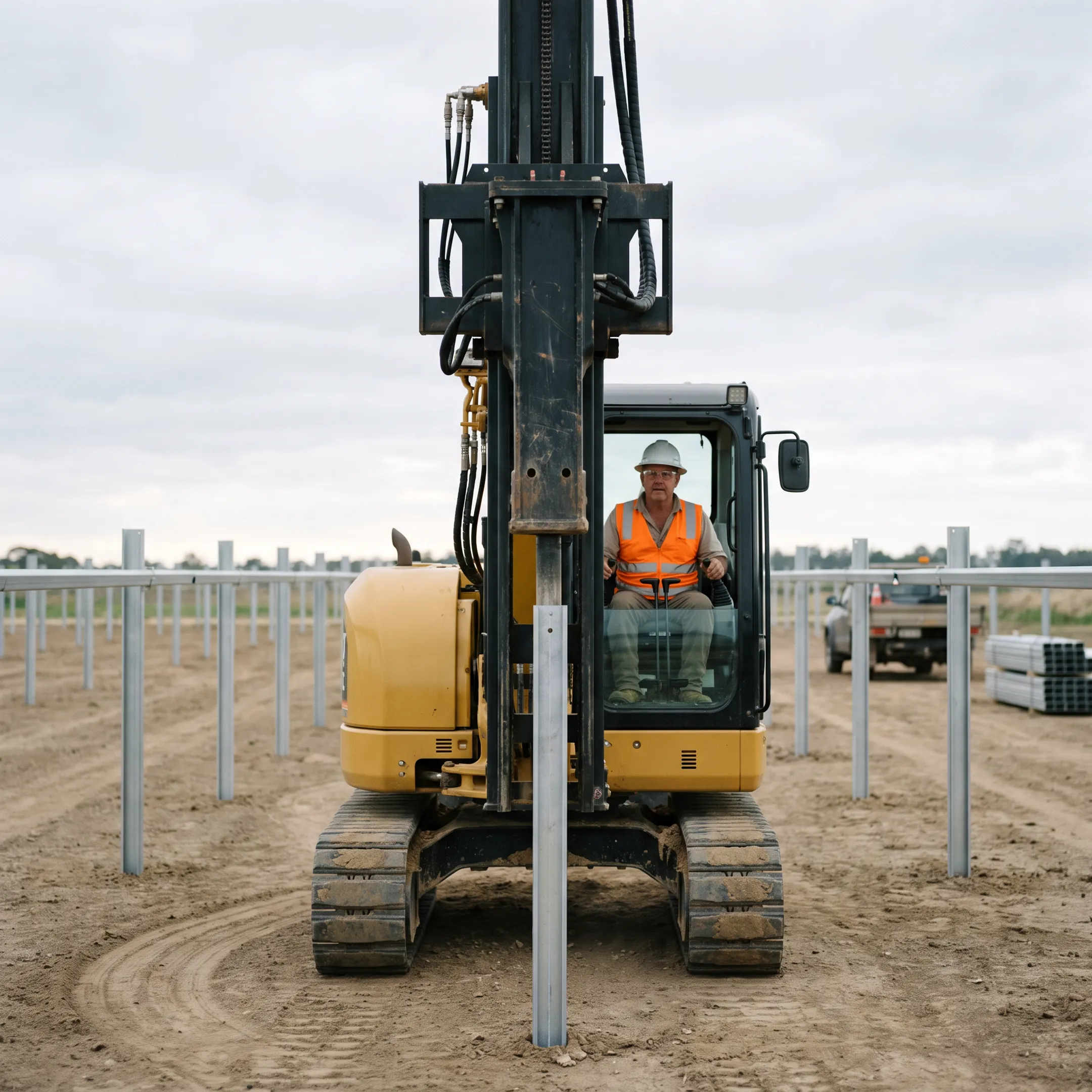 Pile driver used in commercial solar construction