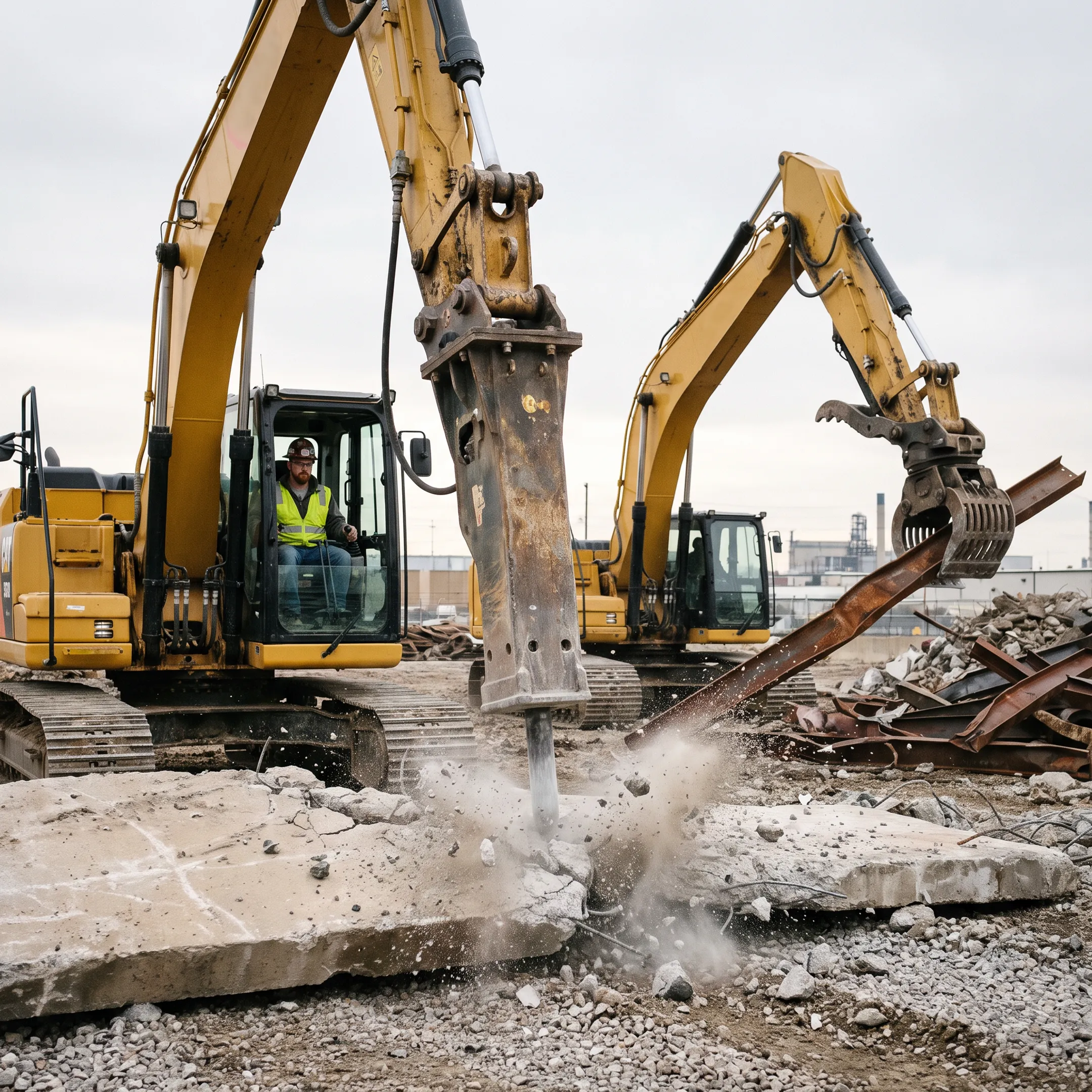 Demolition contractors using heavy equipment attachments