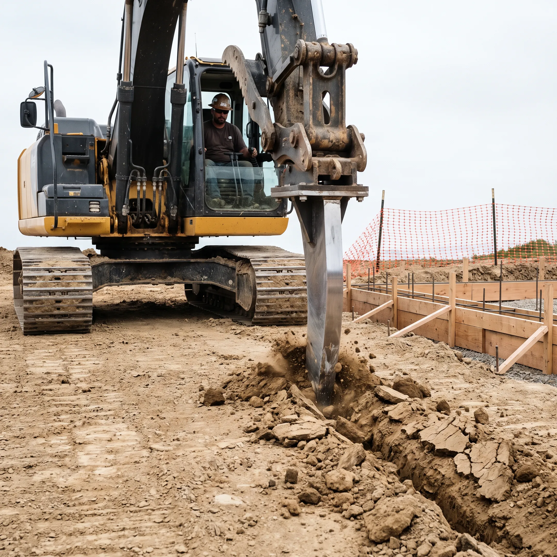 Foundation contractors using excavator ripper attachments