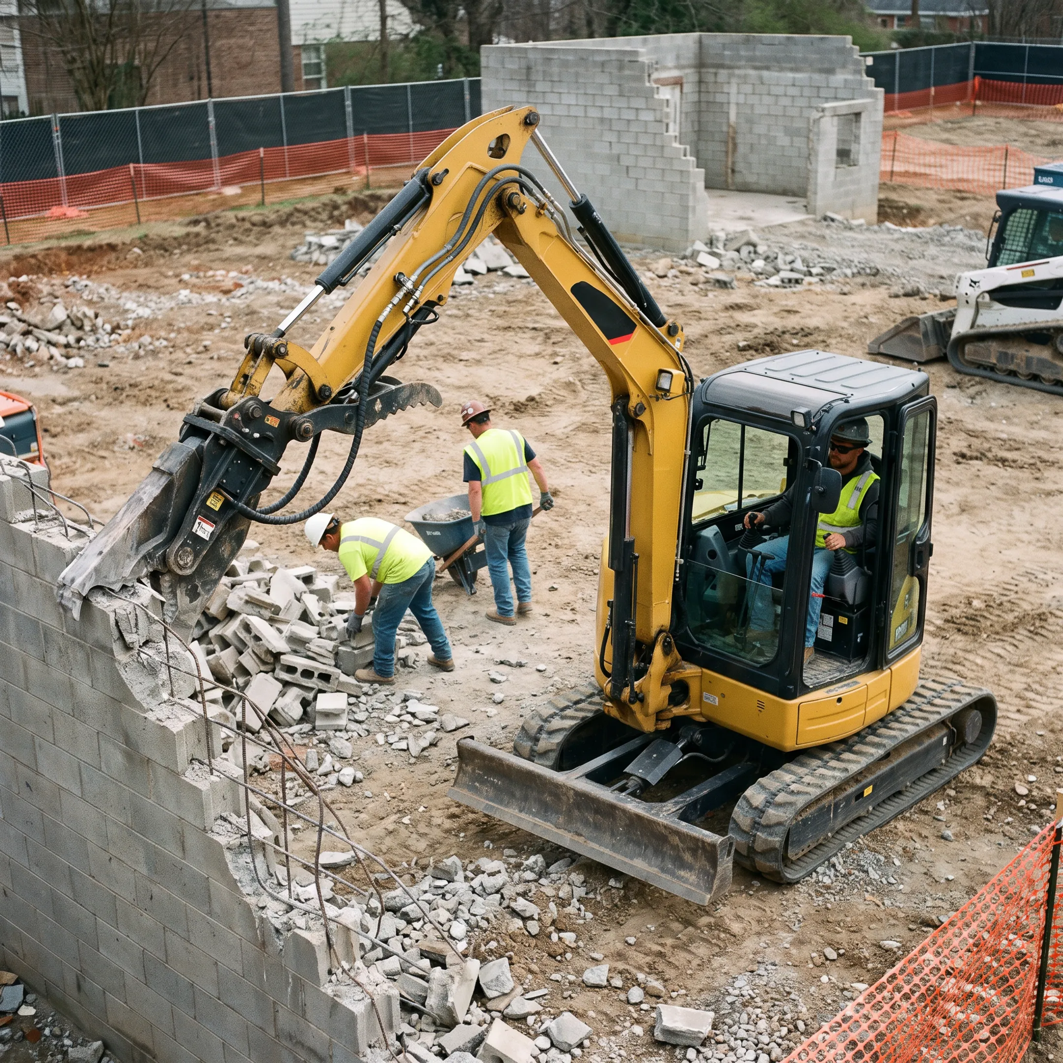 Demolition contractors using an excavator