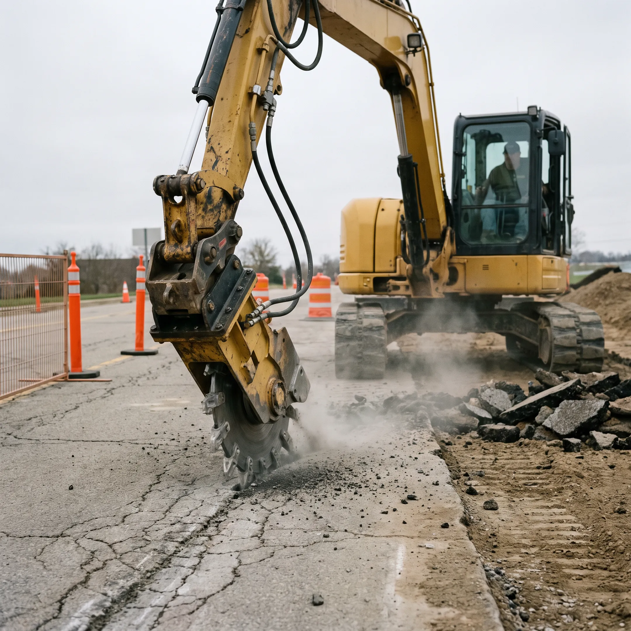 Excavation contractors using an asphalt cutter