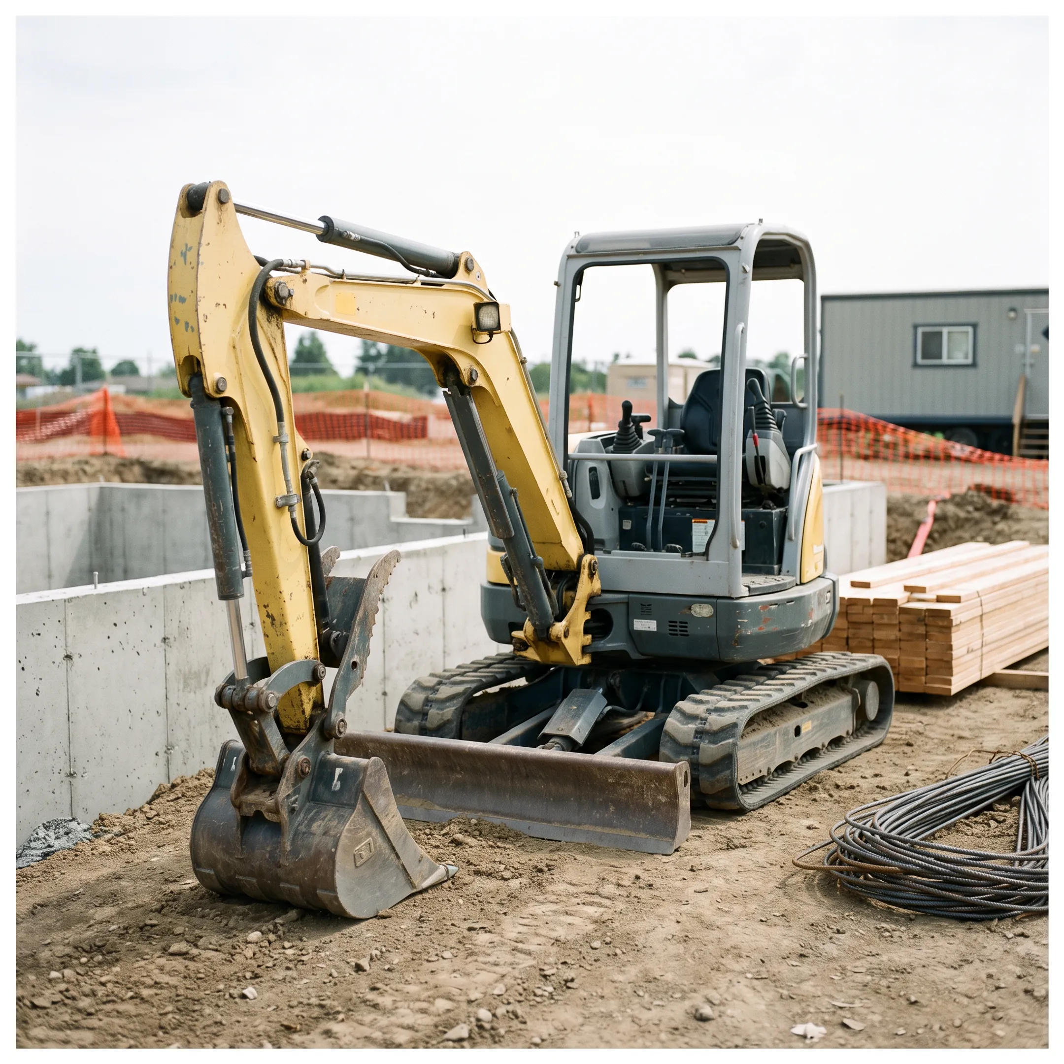 Mini excavator on a construction site
