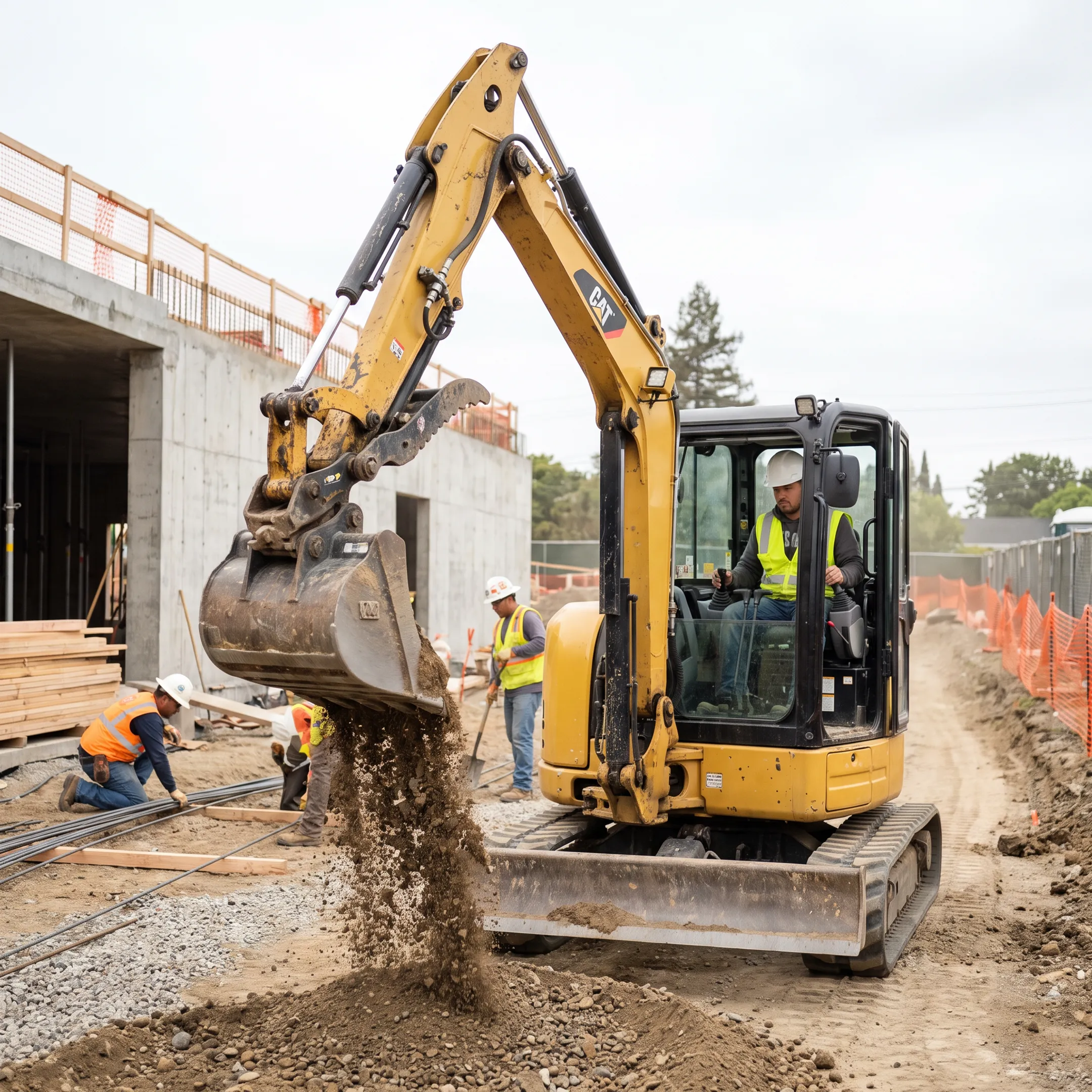 Mini excavator on a construction site