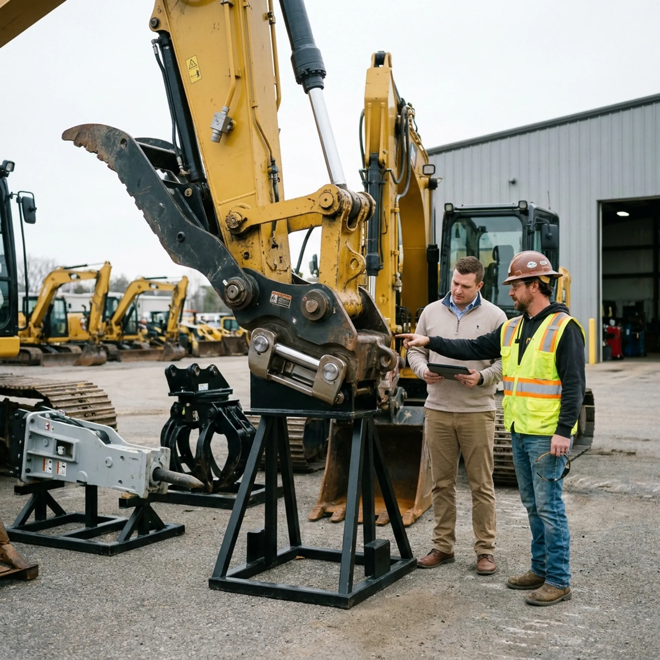 Specialist discussing financing for an excavator attachment with a contractor