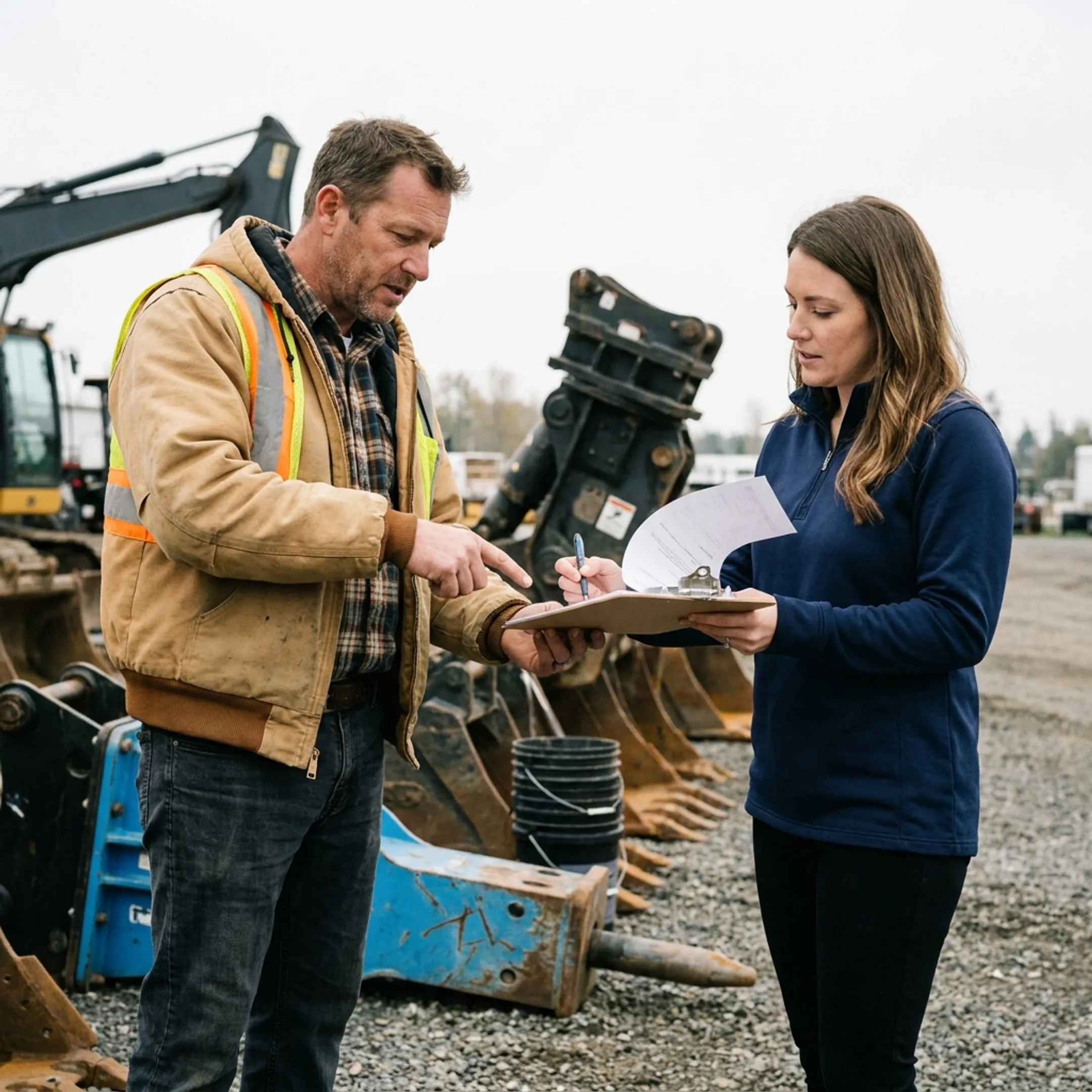 Contractor reviewing equipment financing documents beside demolition machinery