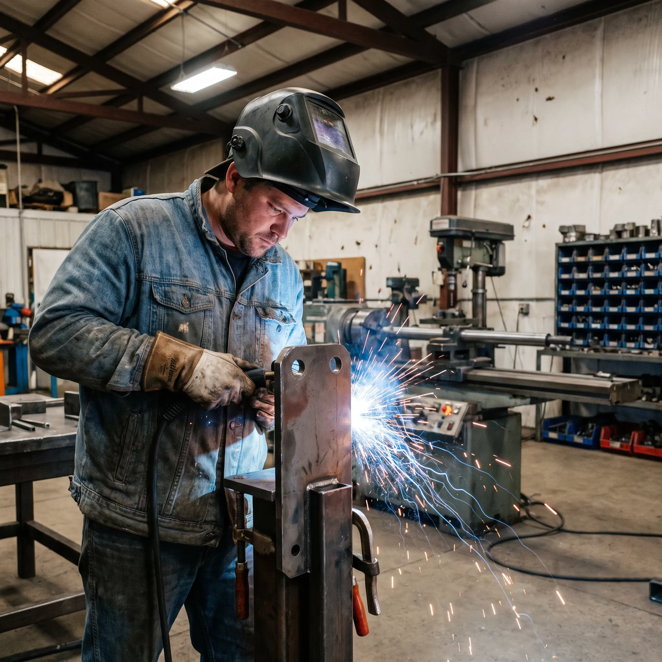 Technician performing line boring and welding work on heavy equipment