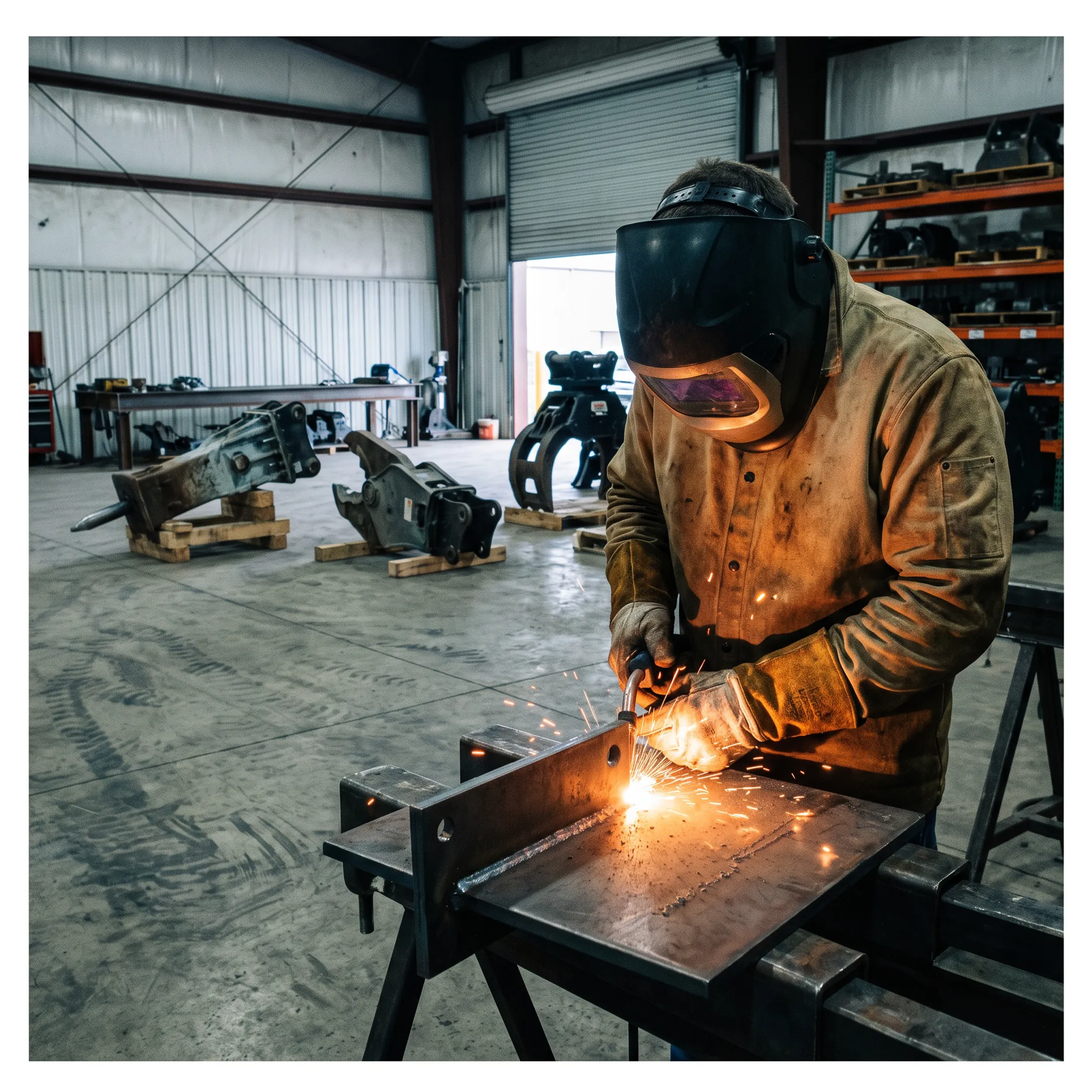 Custom fabrication and welding work on an excavator attachment
