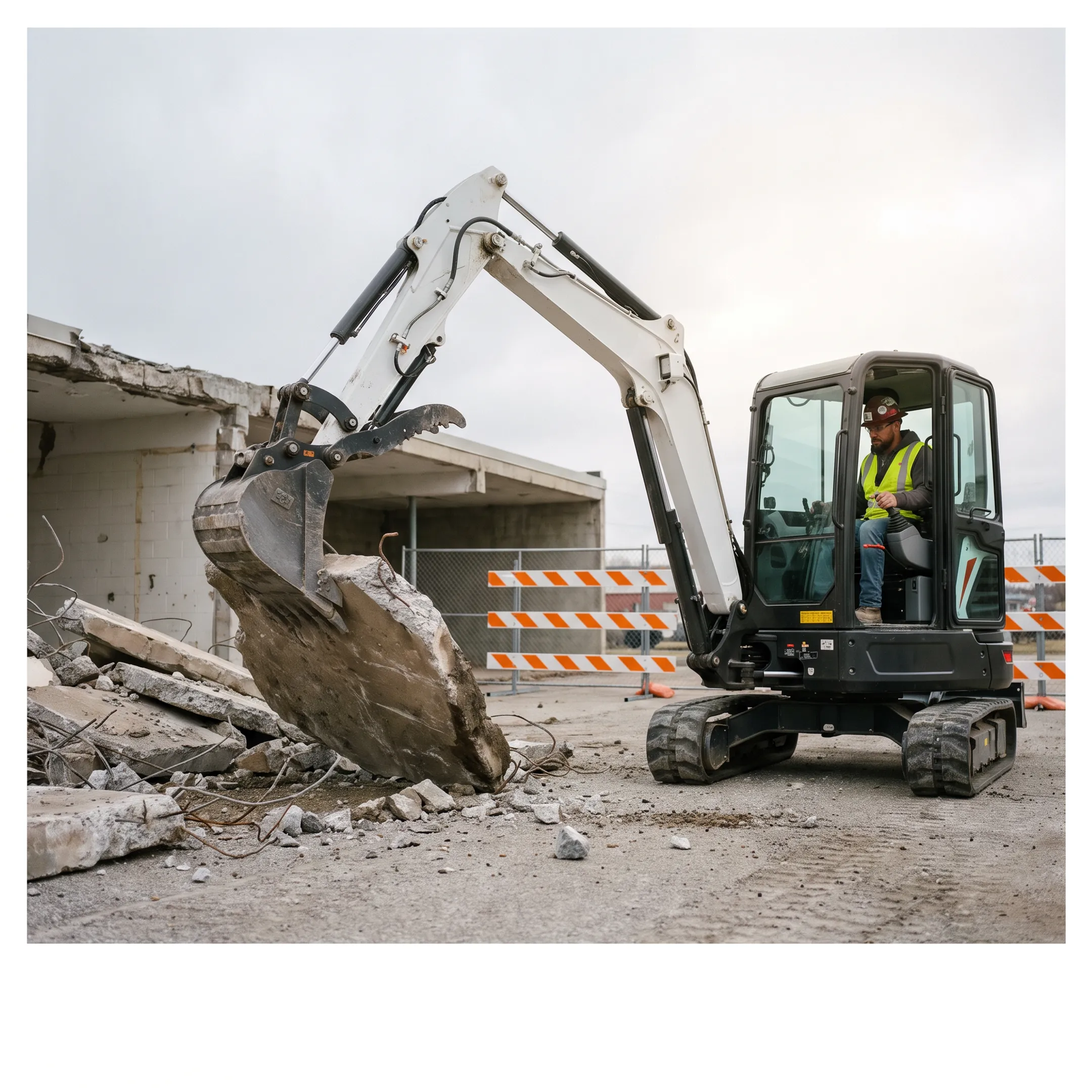 Compact excavator used in demolition work