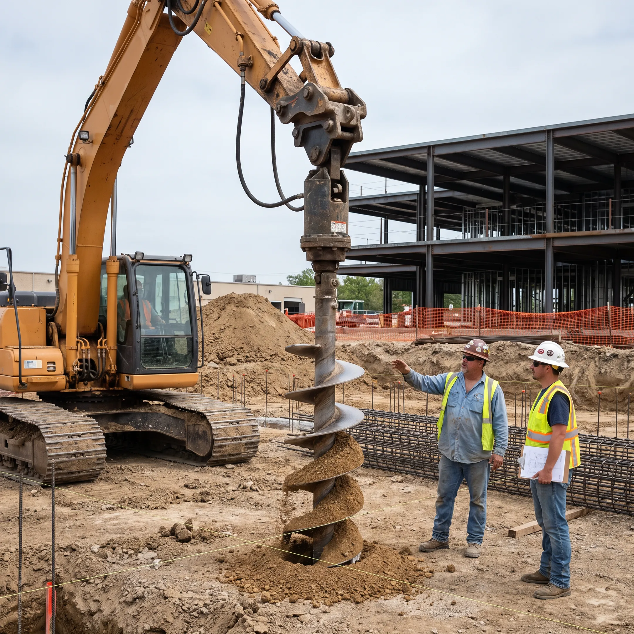 Foundation contractors using an excavator auger
