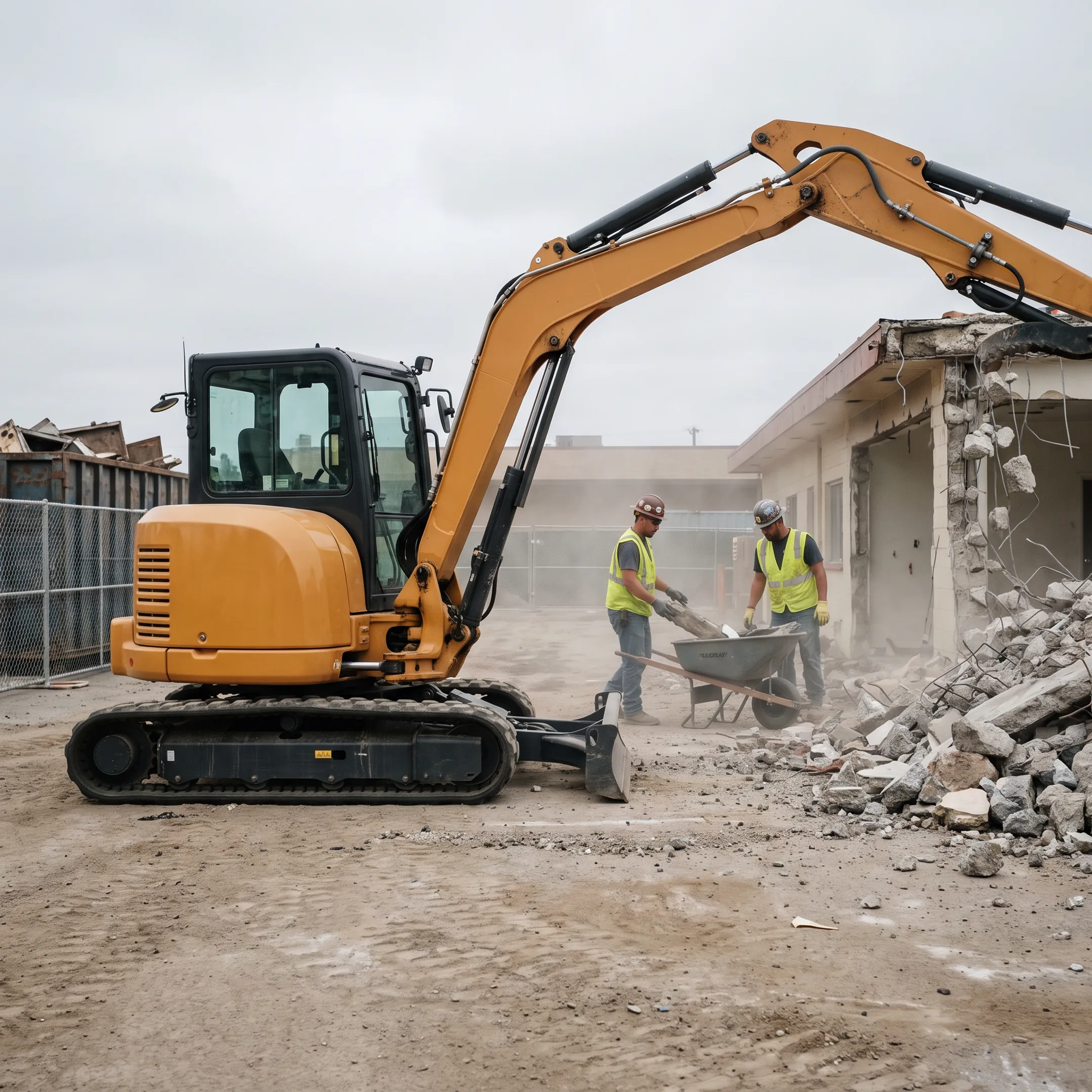 Demolition contractors using a compact excavator