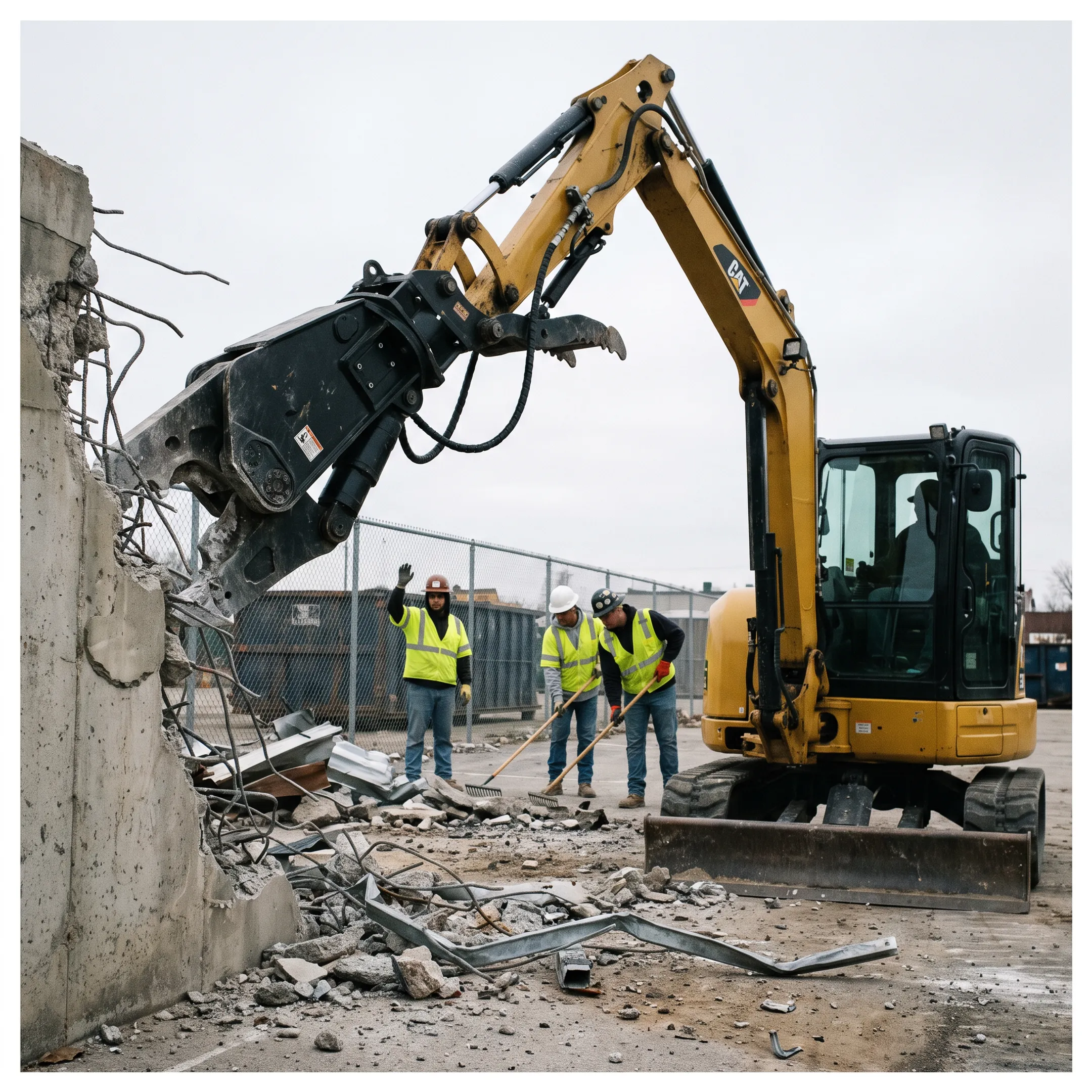 Demolition contractors using a compact excavator