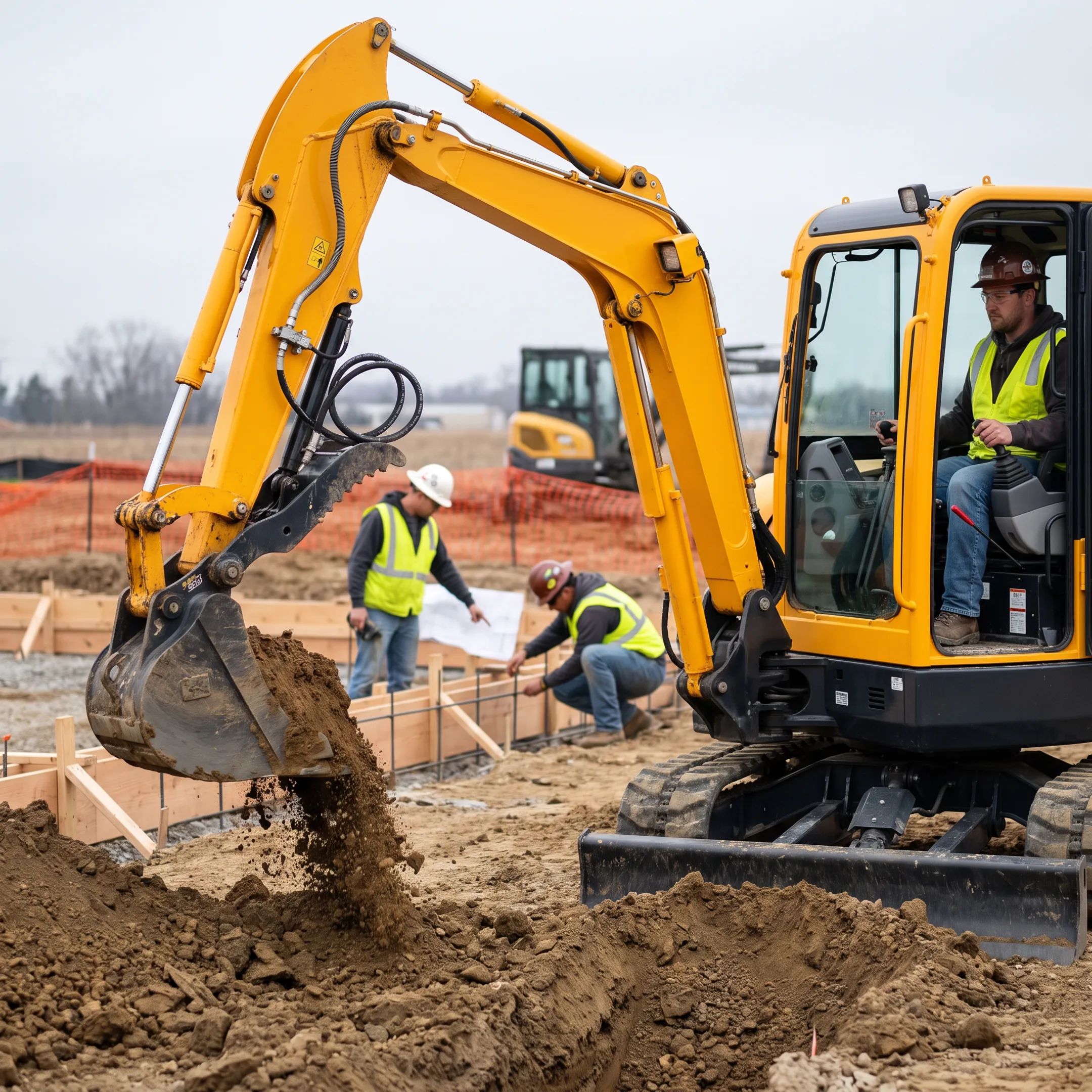 Construction contractors using a compact excavator