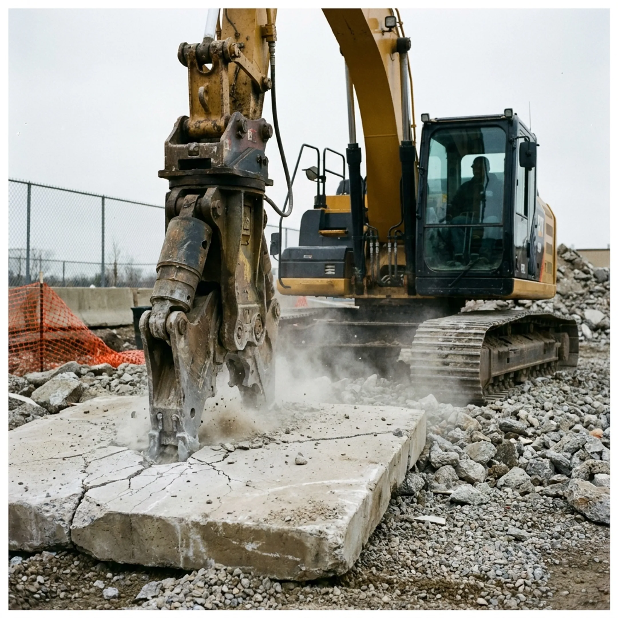 Excavator grinding concrete