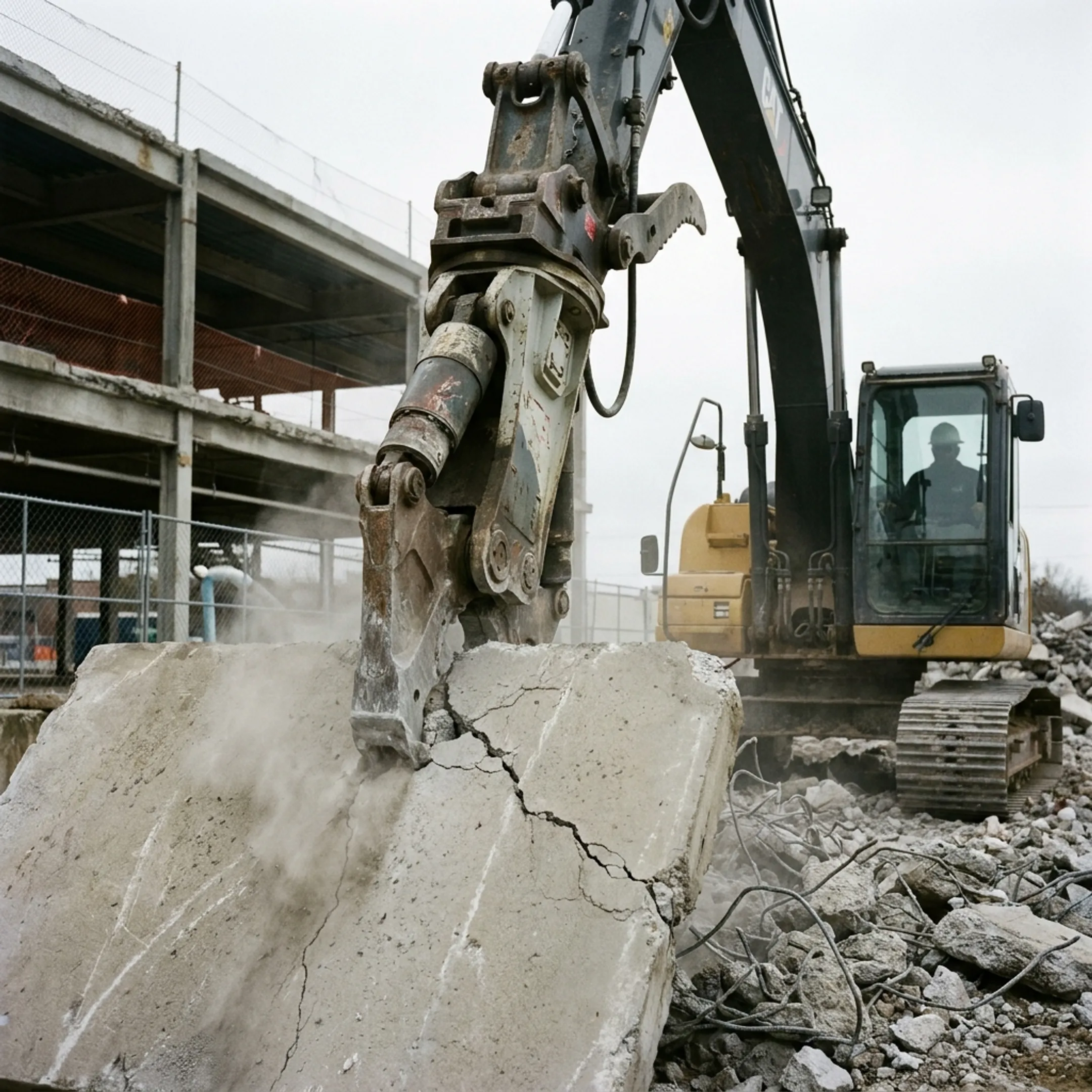 Concrete pulverizer attachment used by demolition contractors