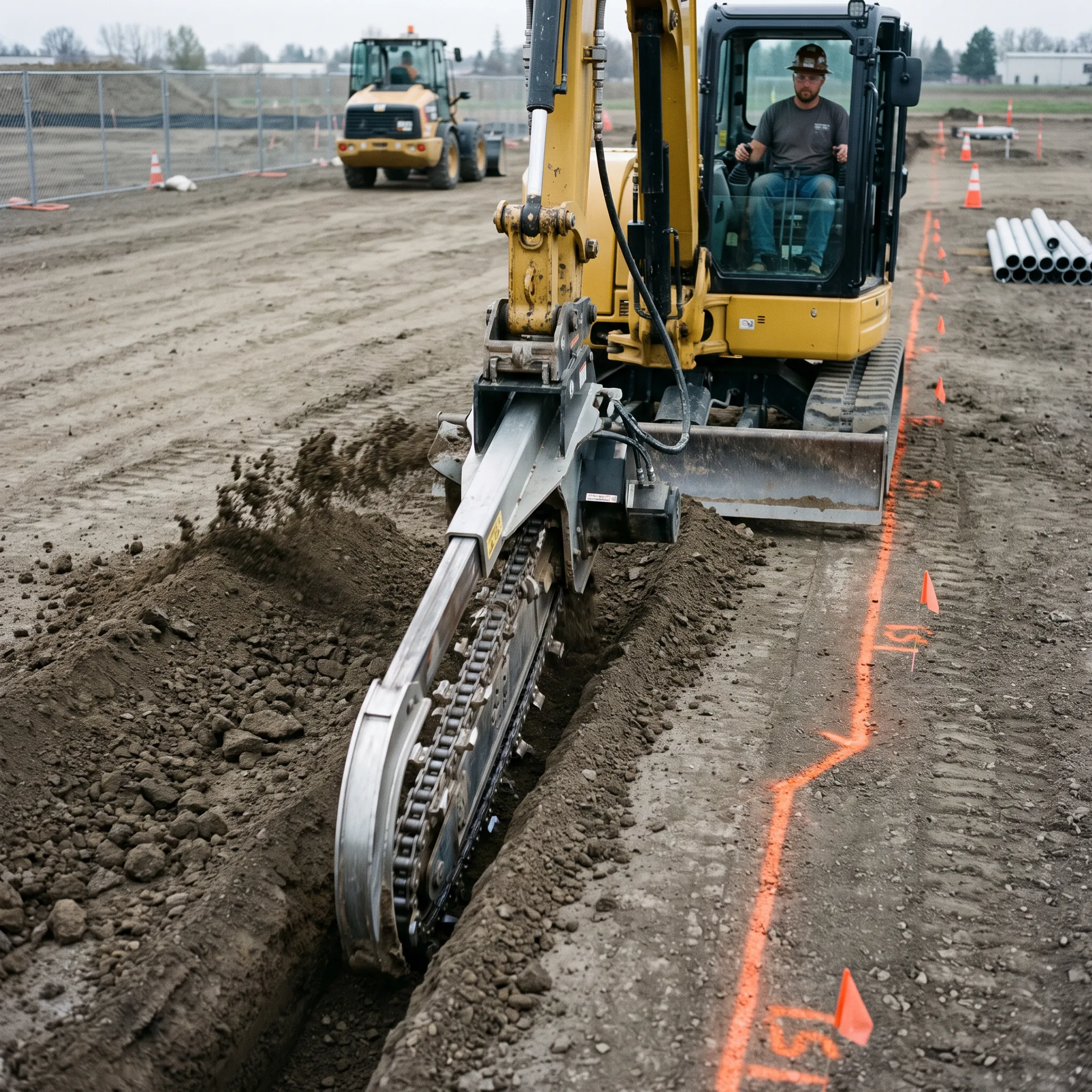 Utility contractors using an excavator trencher
