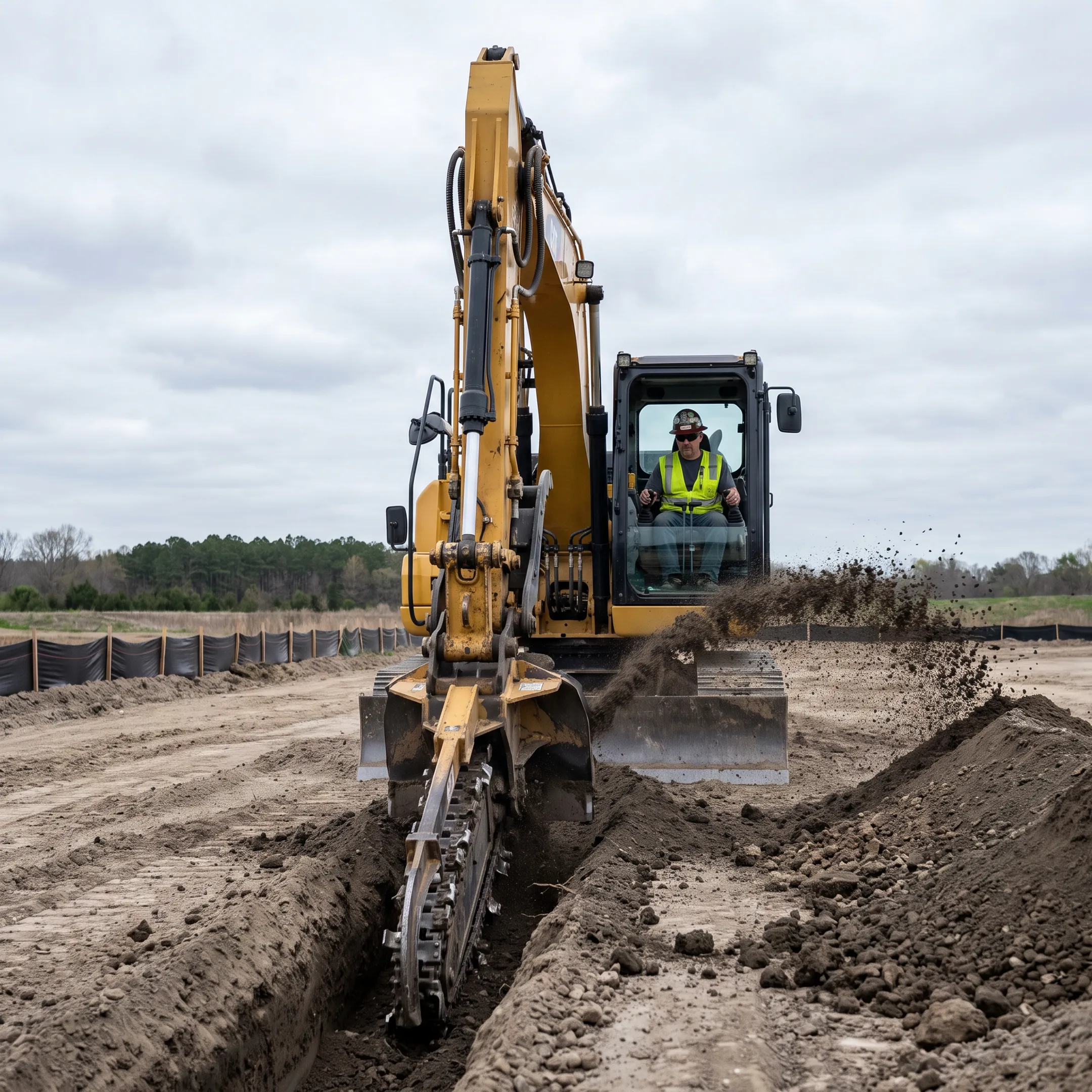 Excavation contractor operating trencher