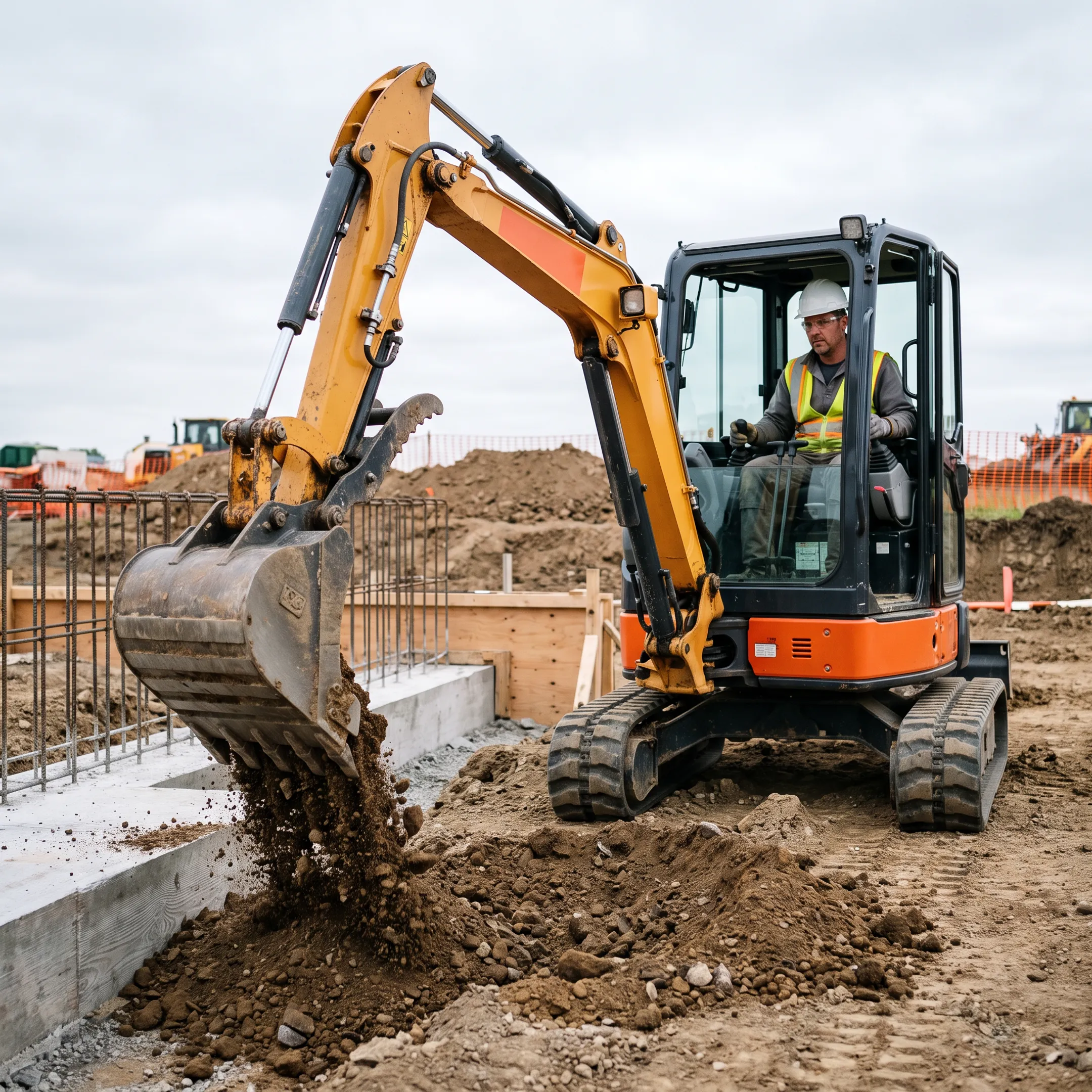 Mini excavator on a construction site