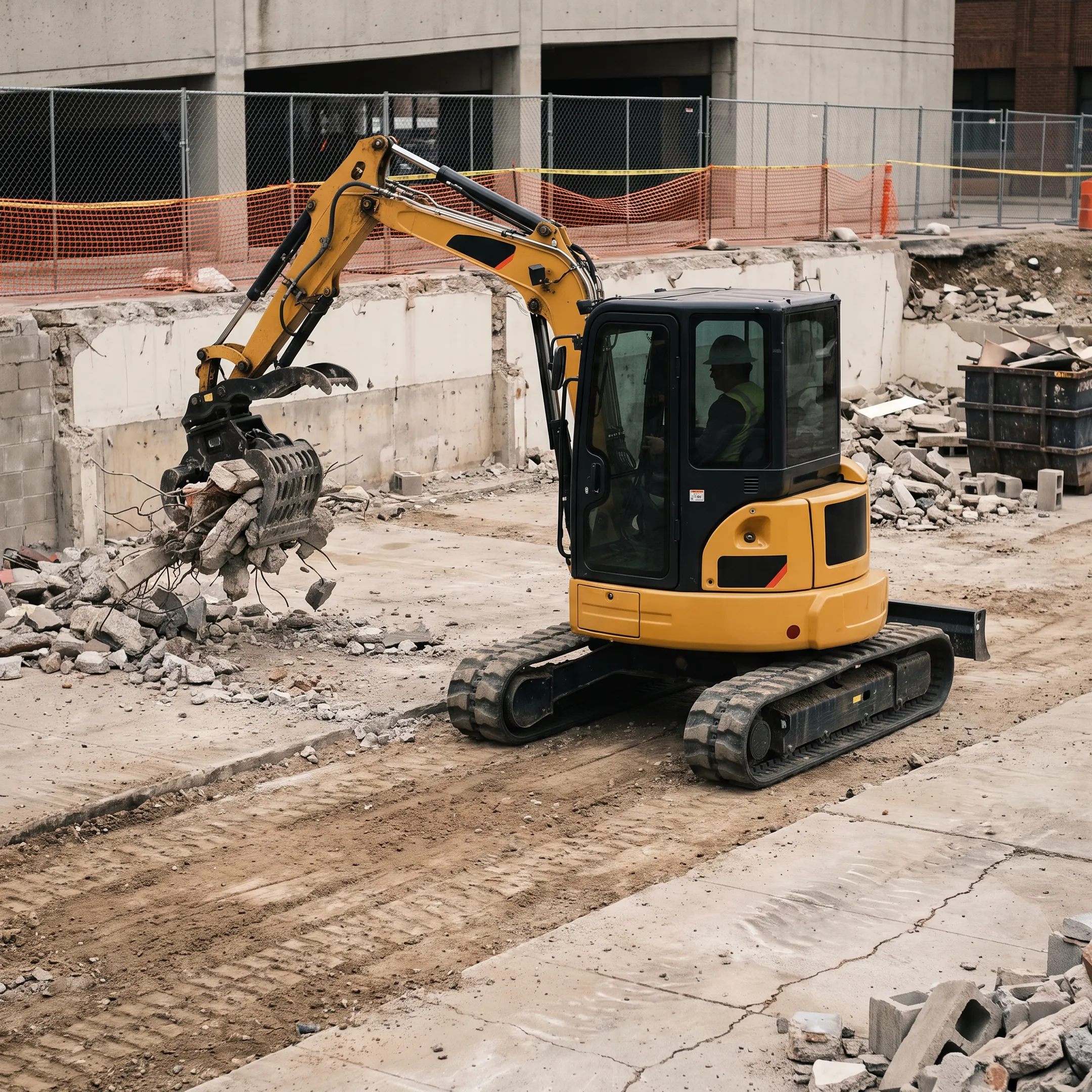 Mini excavator used by demolition contractors