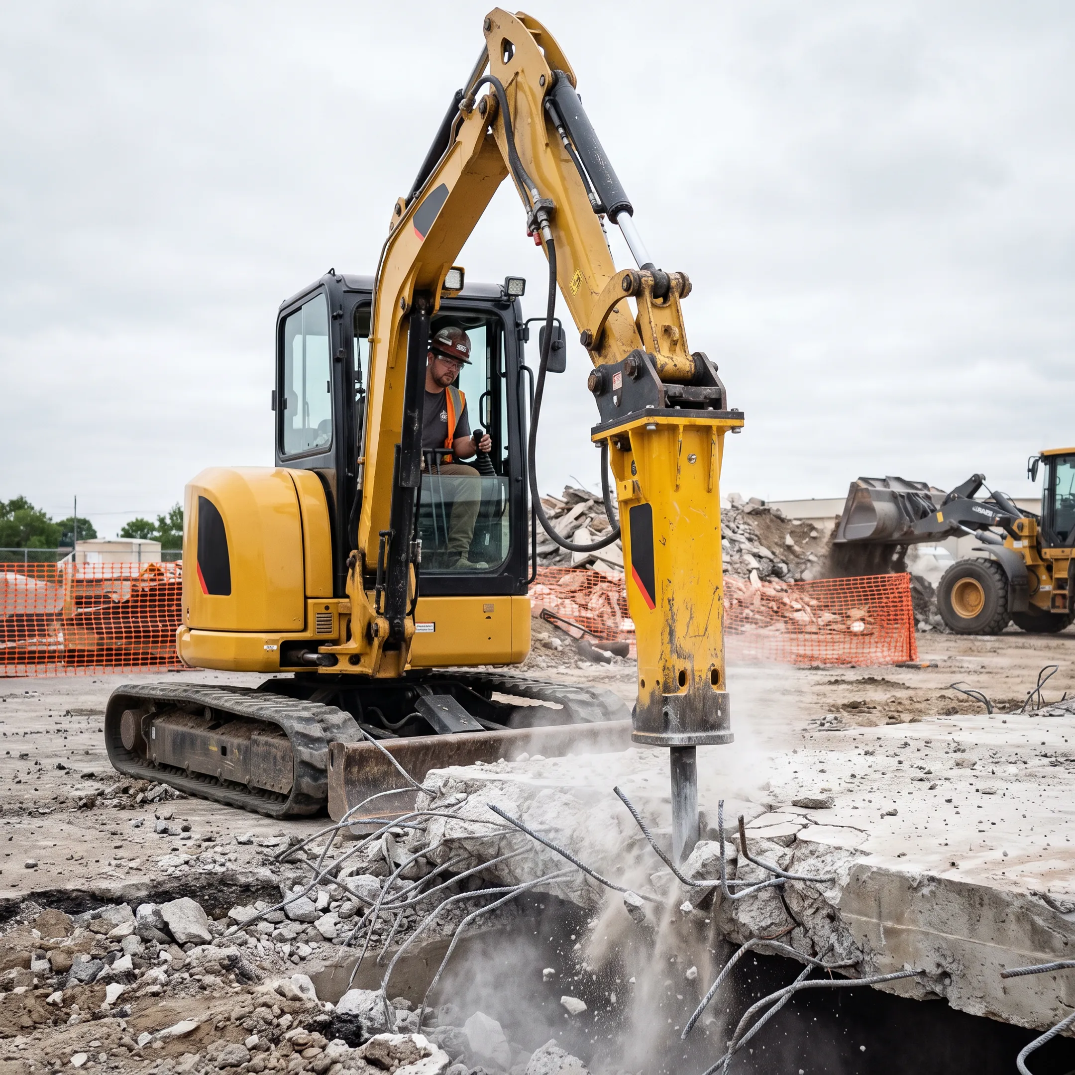 Demolition contractors using hydraulic breaker attachments